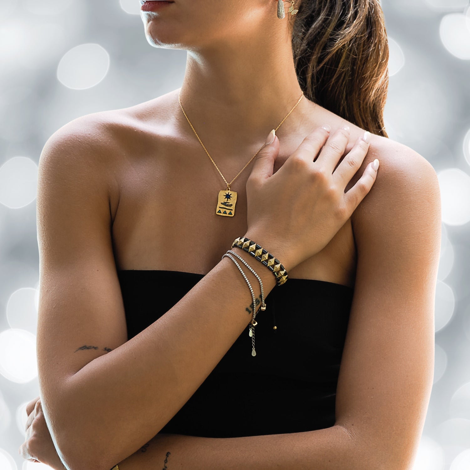 Luxury Geometric Hematite Jewelry on a Model&#39;s Wrist - Elegance Personified