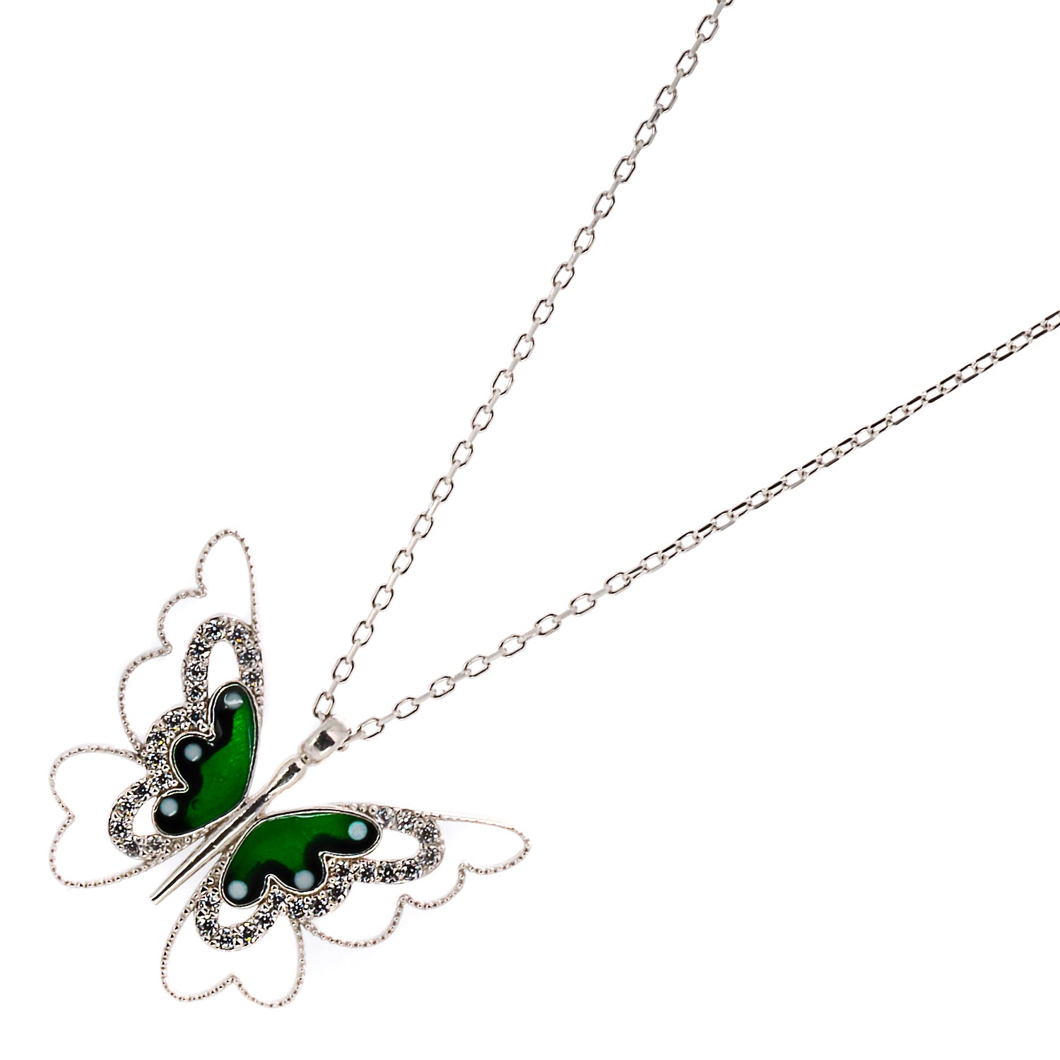 A detailed shot of the butterfly pendant on the Abundance Green Butterfly Necklace, showcasing its exquisite craftsmanship.