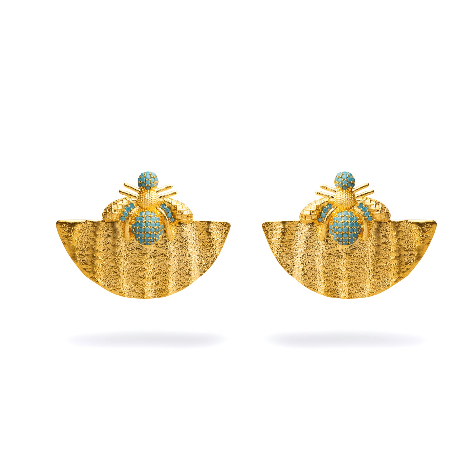 Bold 24k gold-plated earrings featuring a half-moon shape with turquoise stones and a detailed honey bee motif.
