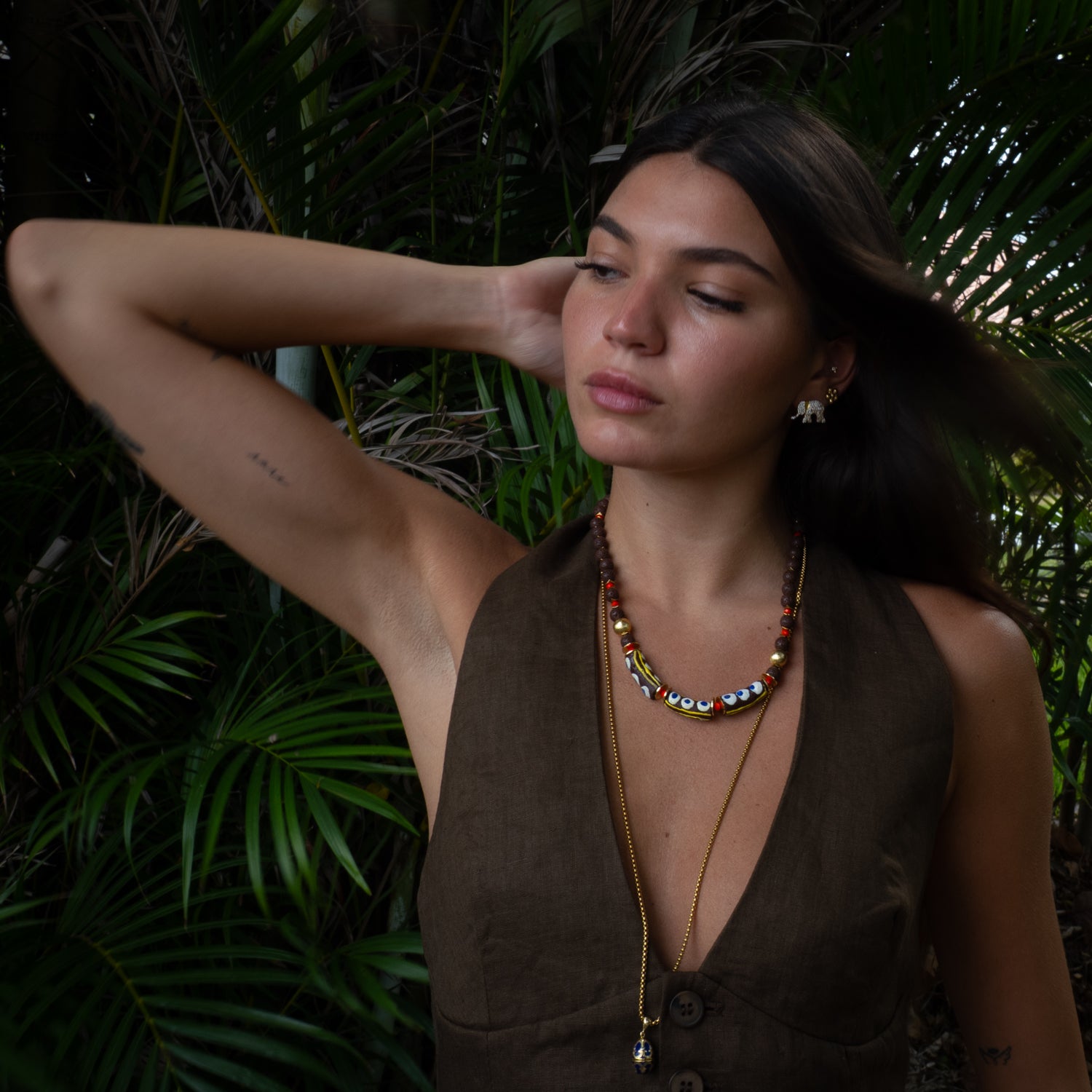 African Bead &amp; Evil Eye Lava Rock Statement Choker Necklace