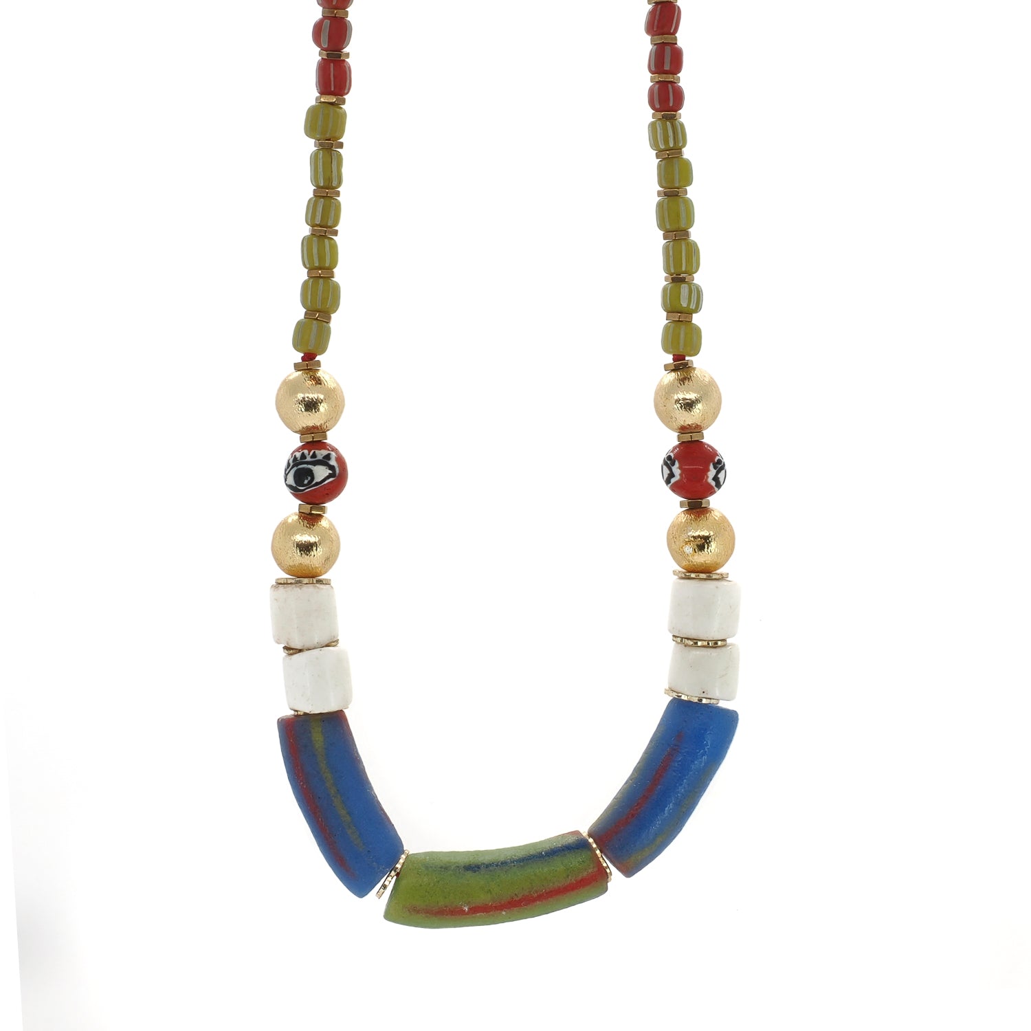 Handmade African bead and evil eye statement choker necklace by Ebru Jewelry, featuring lime green and red Java glass tube beads, white African beads, and 18k gold plated accents.