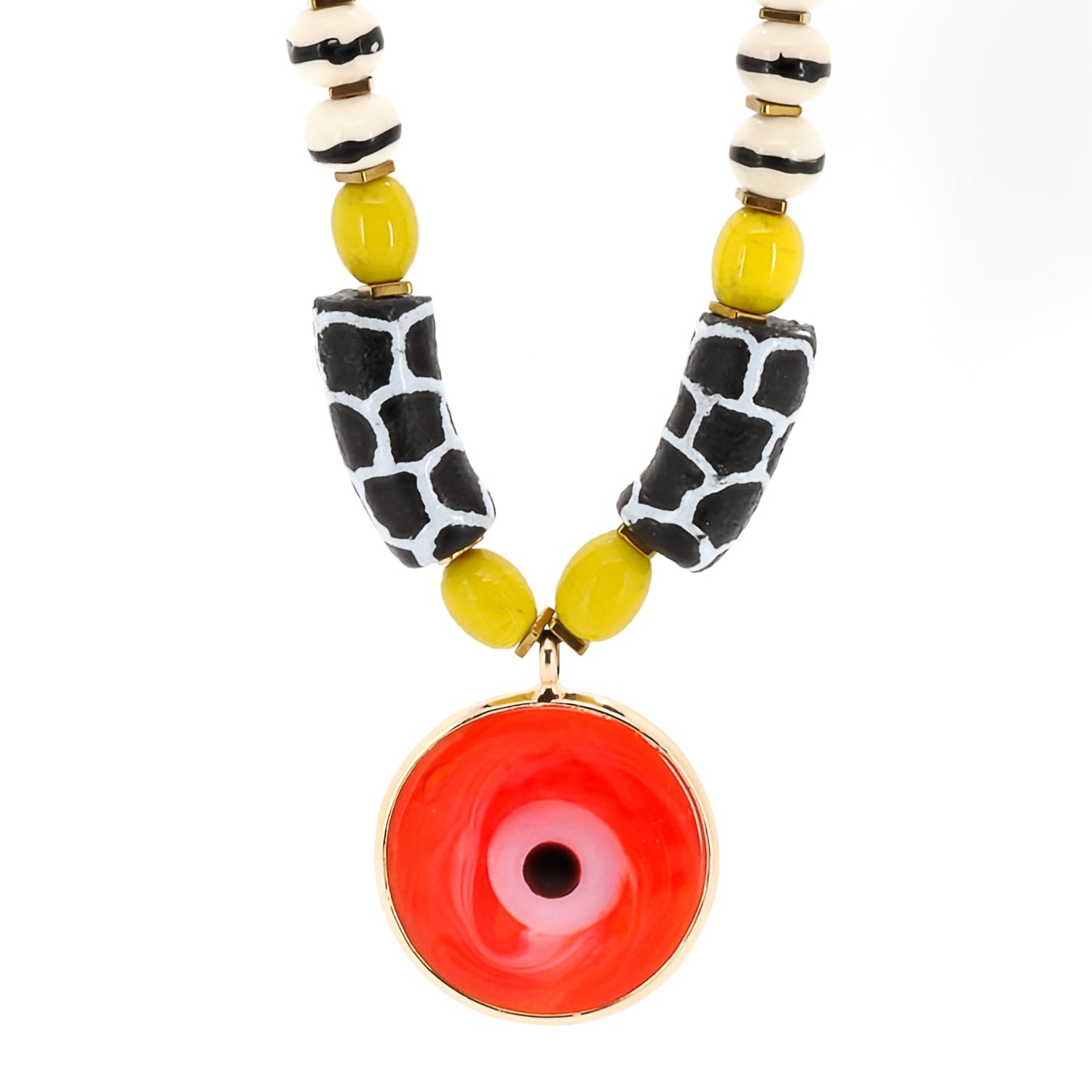 Large Ceramic black and white beads on the African Yellow Happiness Necklace, adding a unique touch to the design.