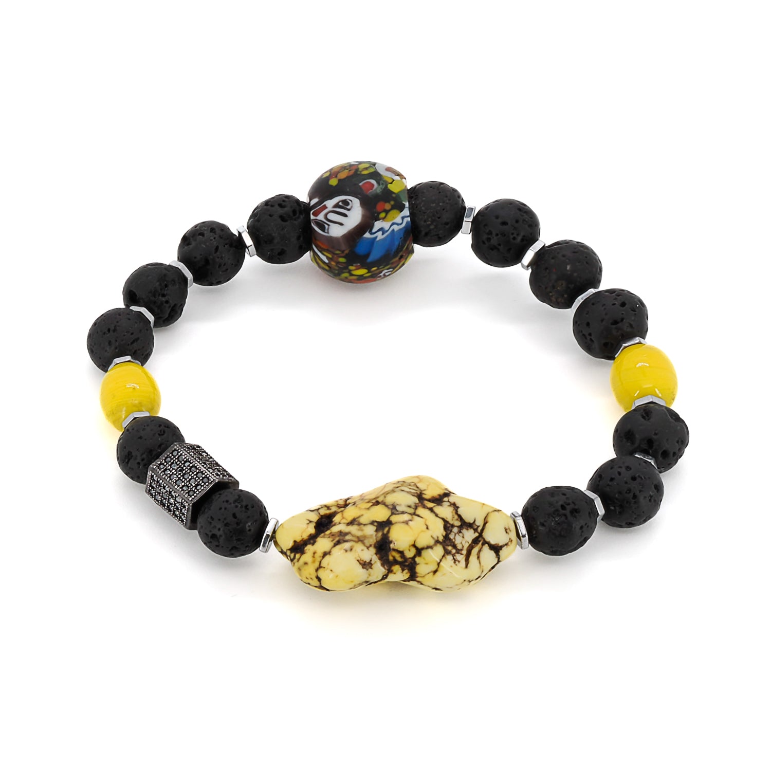 African Yellow Turquoise Bracelet featuring a combination of black lava rock stones, yellow African beads, silver hematite stone spacers, and a raw yellow turquoise large bead as the focal point.