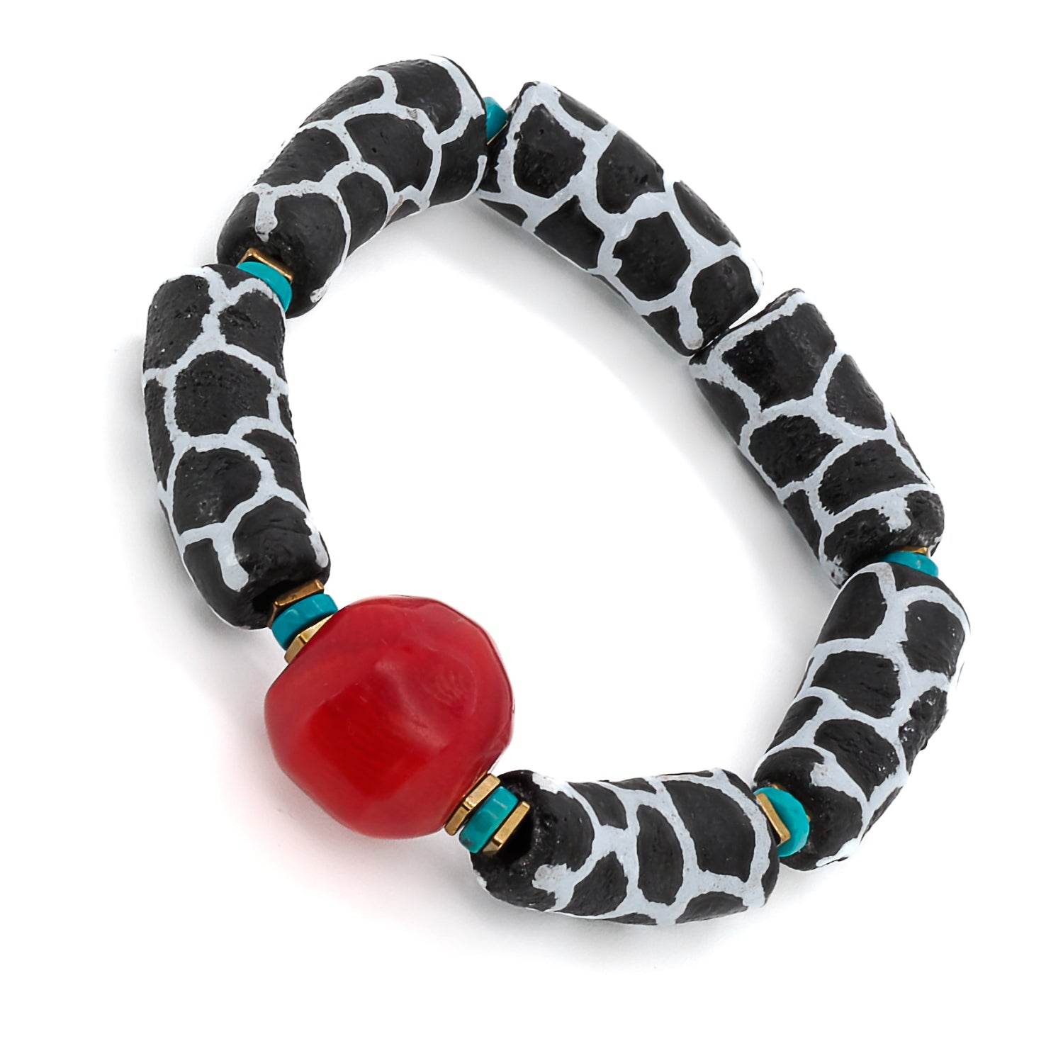 Close-up of the African black and white zebra tube beads used in the bracelet, adding a unique and striking pattern to the design.