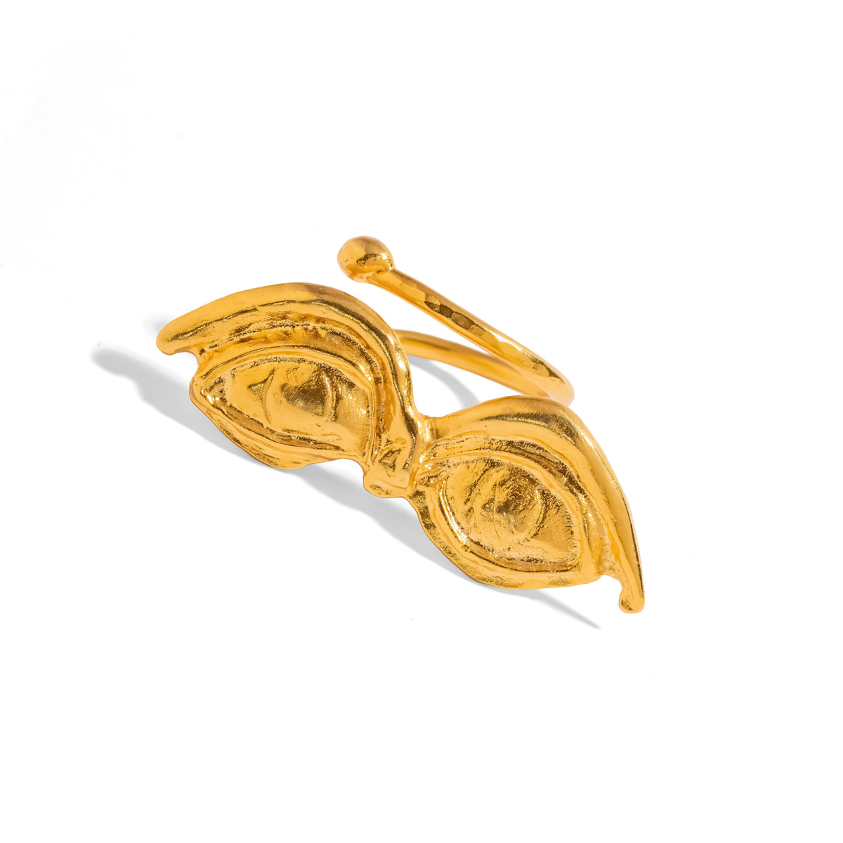 Angled view of the All Seeing Eyes ring showing the modeled lids, lashes and the wrap band behind