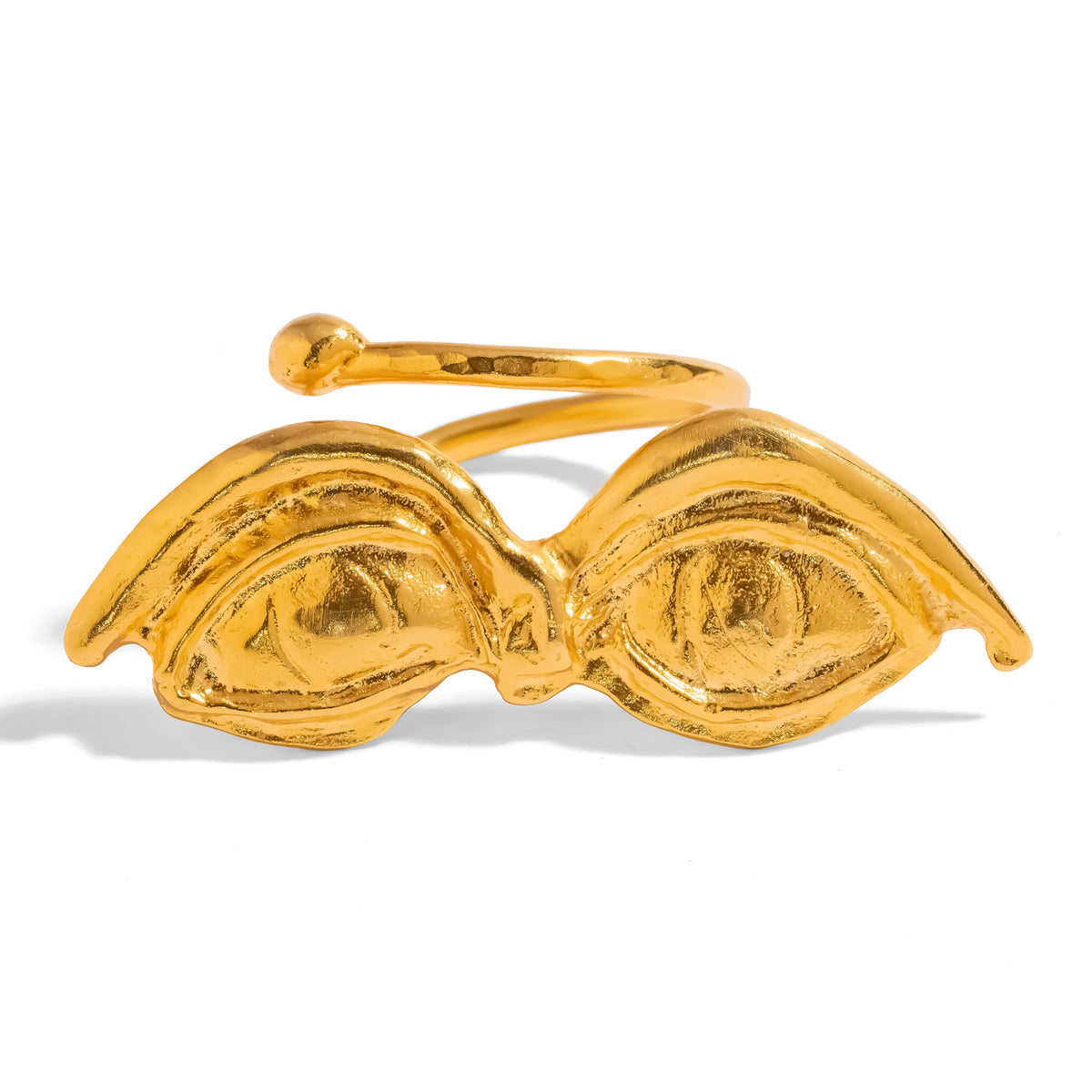 All Seeing Eyes Gold Wrap Mystic Ring, a pair of sculpted open eyes in 24K gold plating with a spiral band finishing in a polished bead