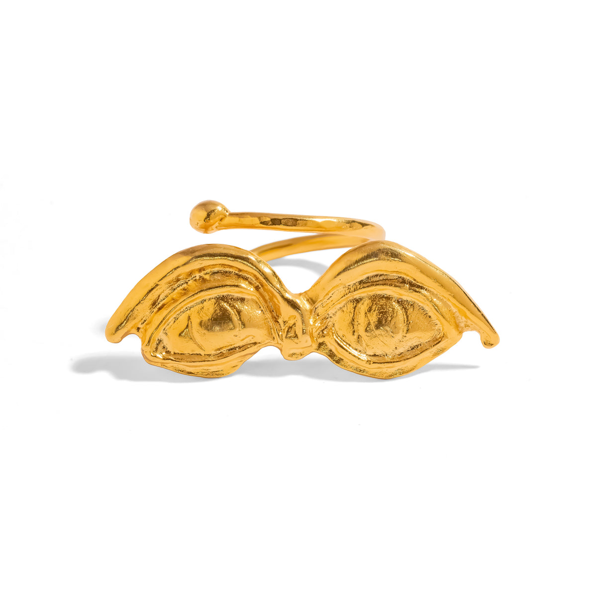 Front view of the All Seeing Eyes Gold Wrap Mystic Ring, both eyes facing forward above the spiral band