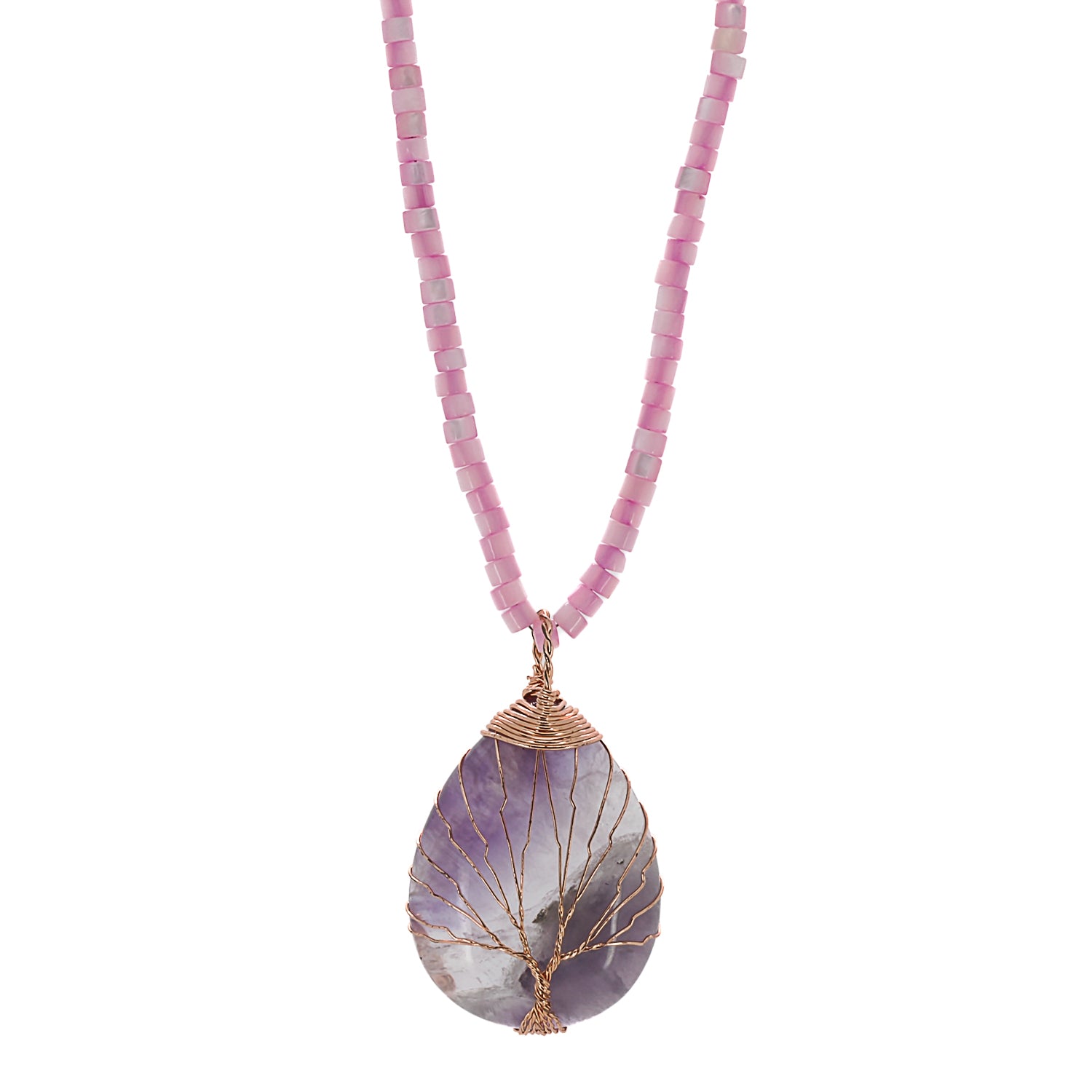Adorn yourself with the elegance of the Amethyst Healing Tree Necklace, a handmade accessory with a pink pearl chain and a captivating amethyst tree pendant.