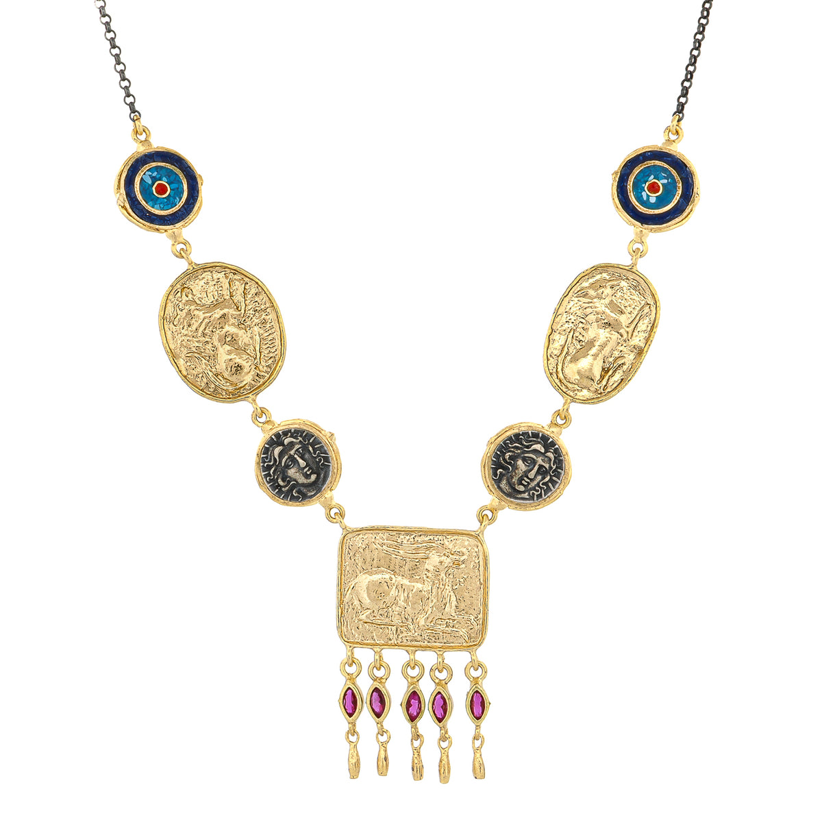 A gold-toned necklace featuring multiple antique-style medallion charms with blue, black, and red enamel details, suspended from a dark chain on a plain white background.