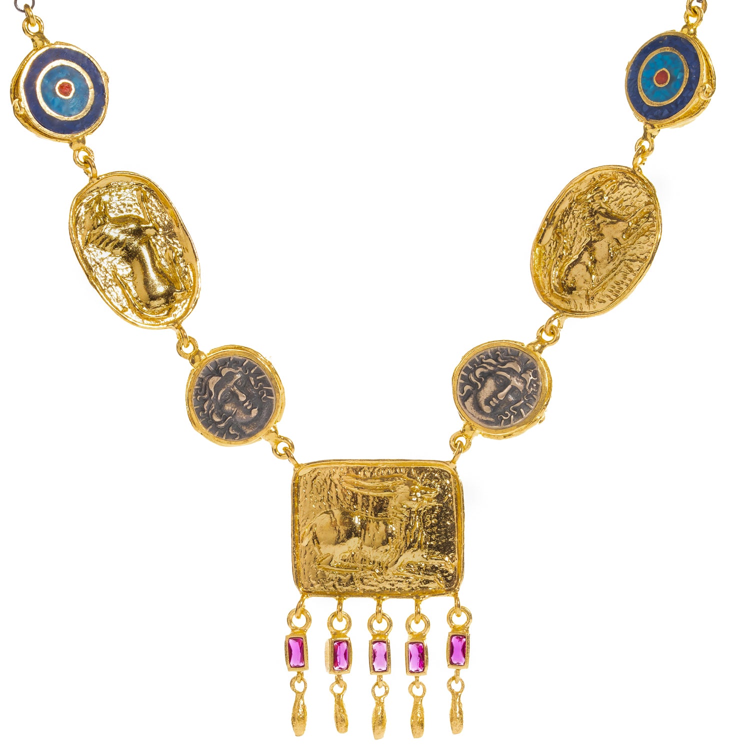 Close view of the Amulet Gathering necklace showing the lapis lazuli and coral inlay evil eyes, embossed gold medallions and coin links