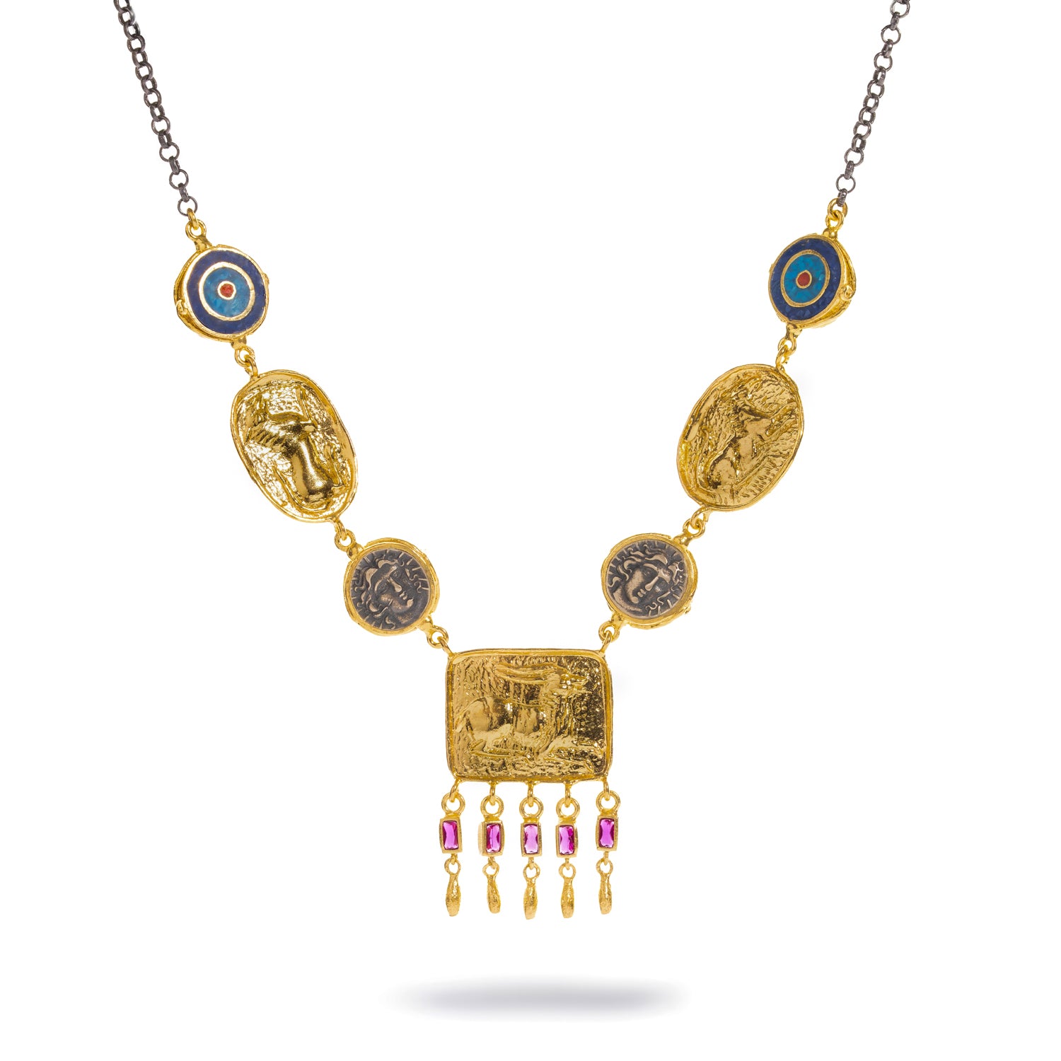 Amulet Gathering Evil Eye &amp; Ruby Fringe Two Tone Necklace shown full length on the oxidized chain with the gold amulet panel