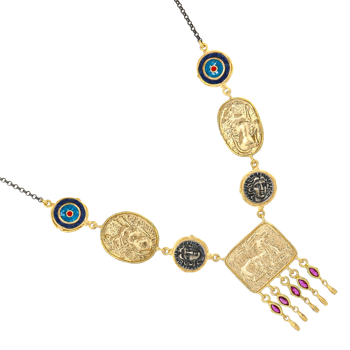 Amulet Gathering Evil Eye &amp; Ruby Fringe Two Tone Necklace shown full length on the oxidized chain with the gold amulet panel