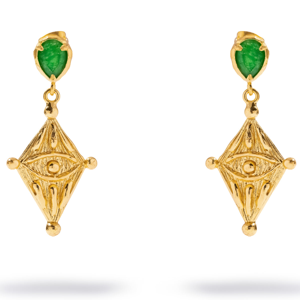 Ancient Gaze Evil Eye Green Jade Gold Drop Earrings, pair with pear cut green jade studs above carved gold eye tablets