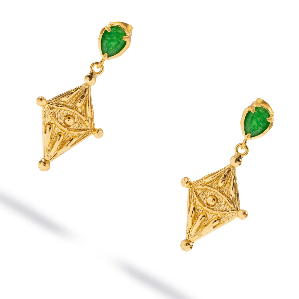 Ancient Gaze Evil Eye Green Jade Gold Drop Earrings shown at an angle, green jade stud and kite shaped eye pendant