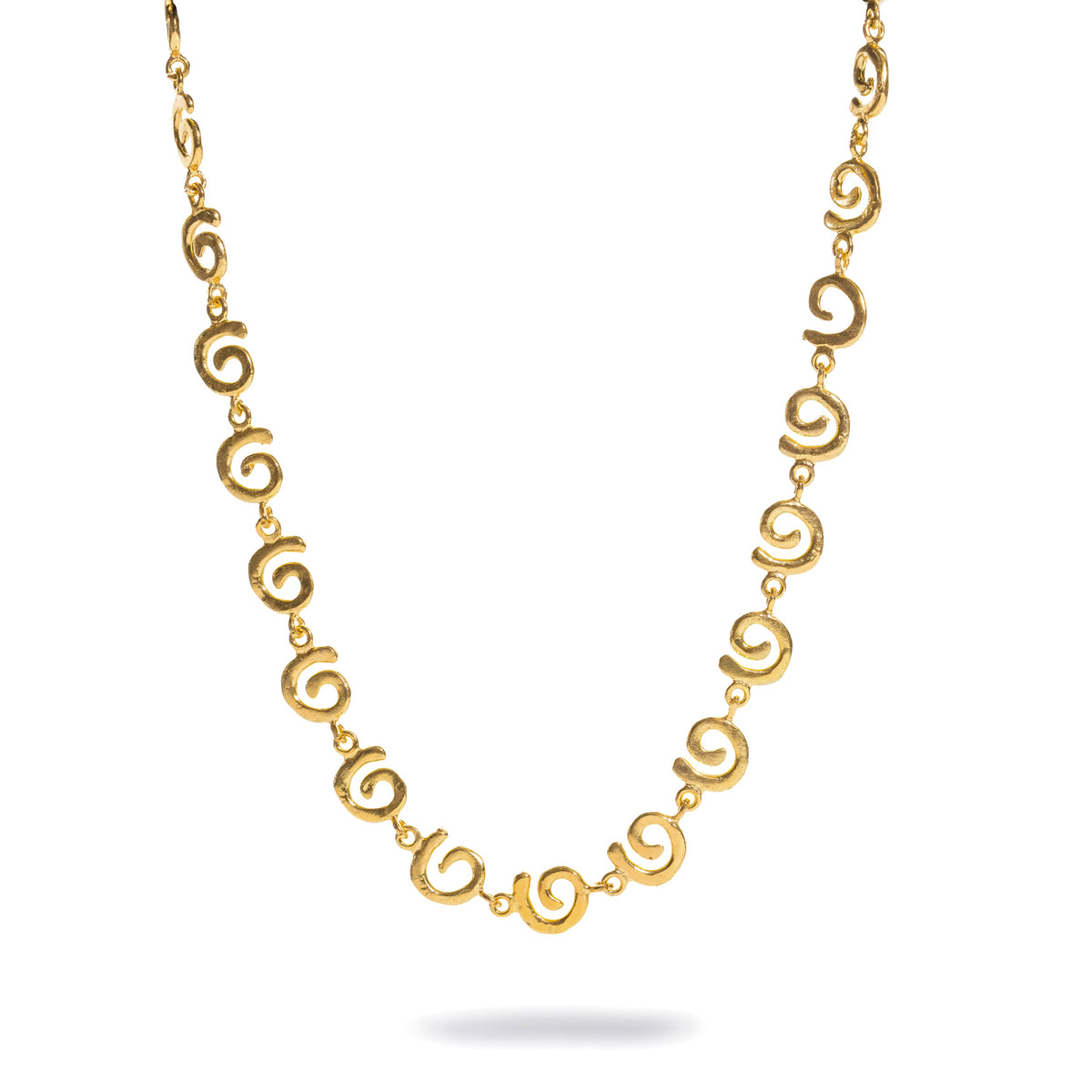Ancient Rhythm Spiral Gold Link Chain Necklace, a continuous row of hand coiled 24K gold plated spiral links