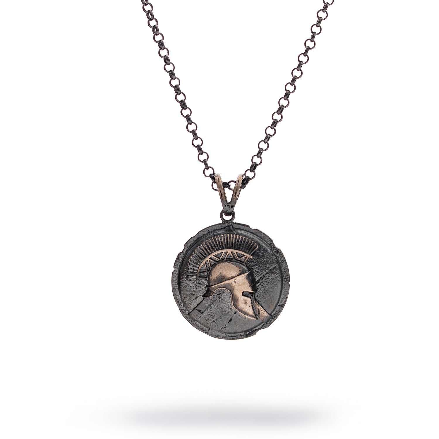 Sterling silver necklace with ancient warrior helmet medallion pendant, rhodium finish, aged texture, strong chain, bold symbolic masculine style.