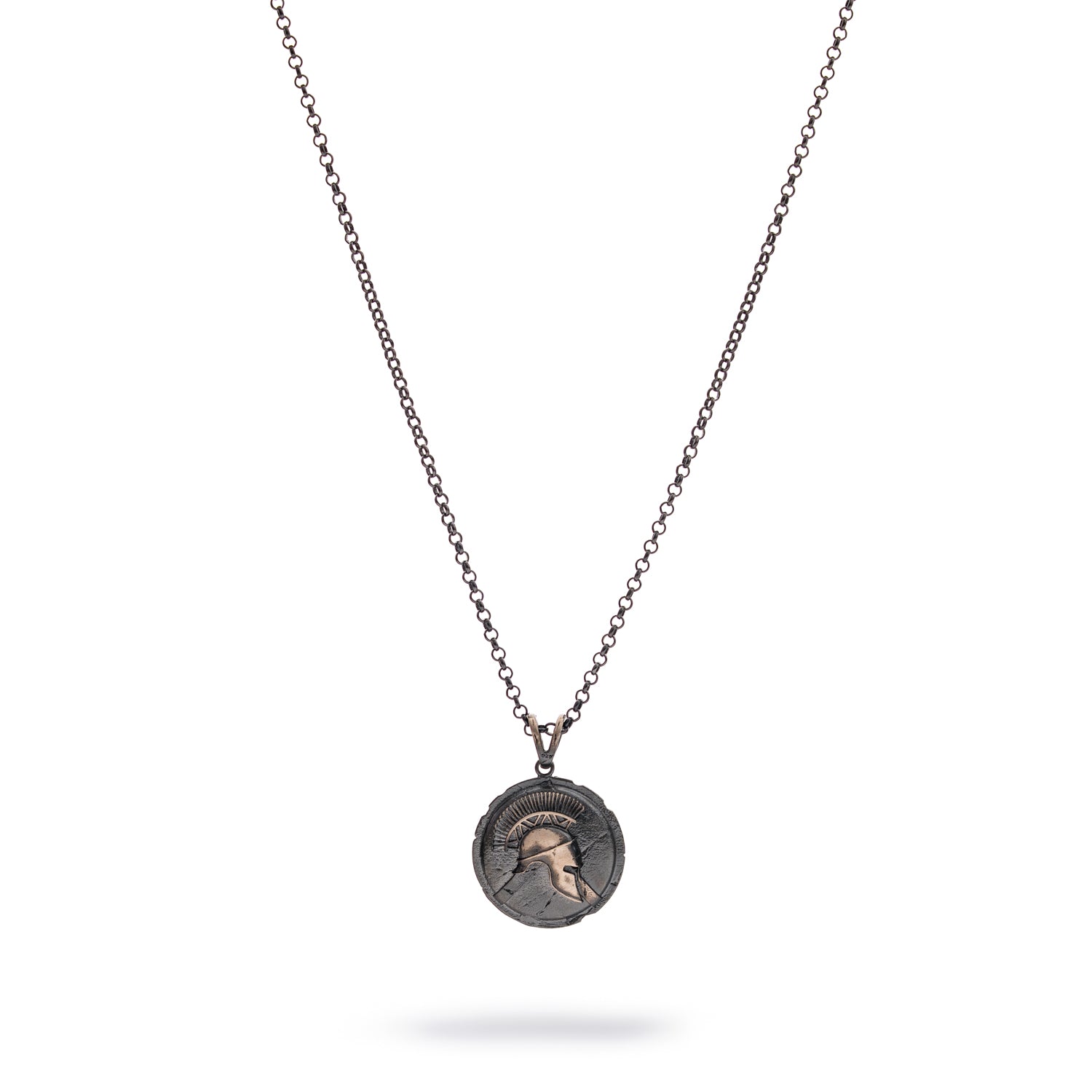 Sterling silver necklace with ancient warrior helmet medallion pendant, rhodium-plated, antique finish, strong chain, bold masculine style.