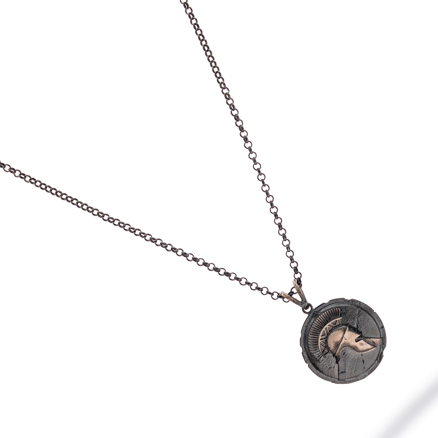Sterling silver necklace with ancient warrior helmet medallion pendant, rhodium-plated, antique finish, strong chain, bold masculine style.