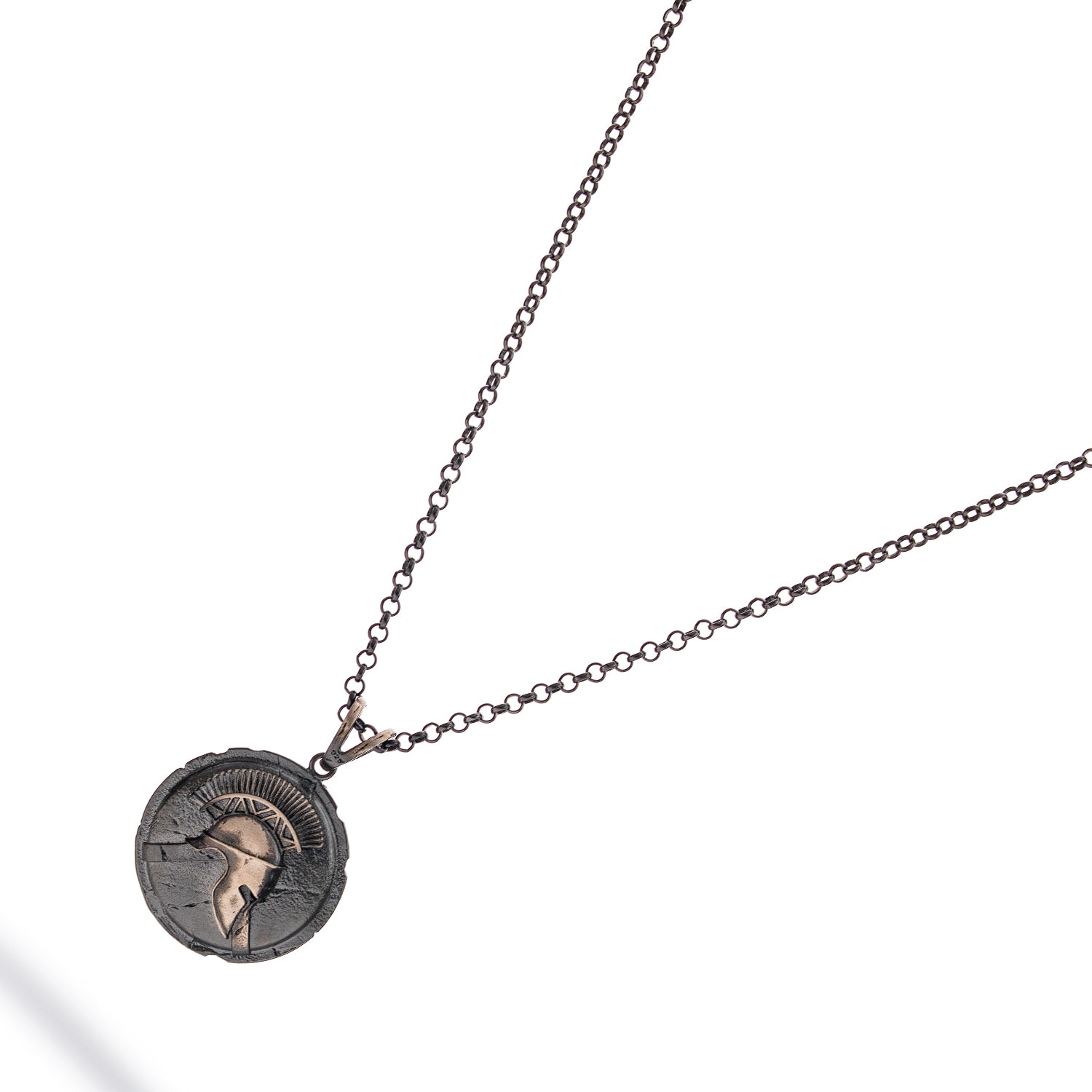 Sterling silver necklace with ancient warrior helmet medallion pendant, rhodium finish, antique texture, strong chain, bold masculine style.