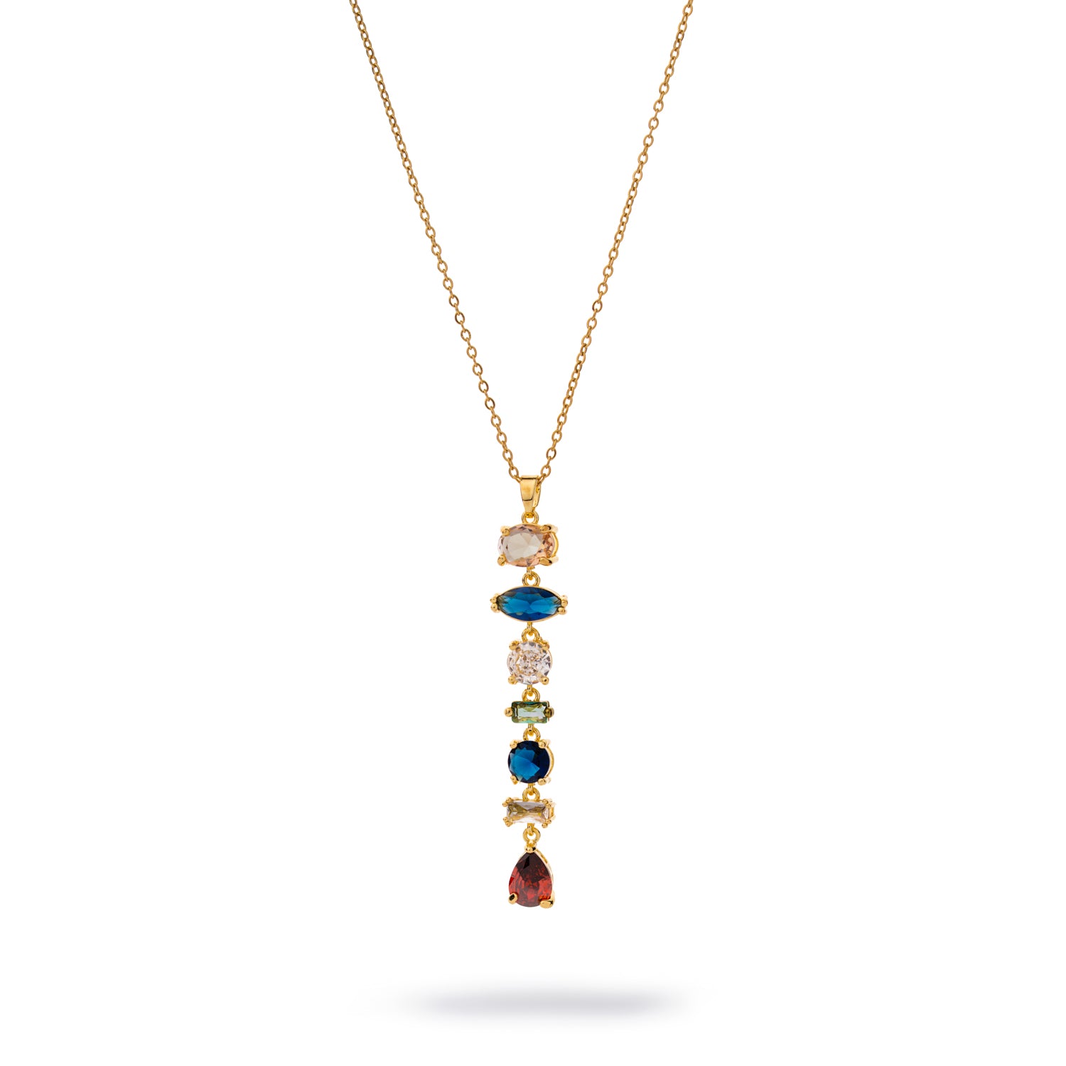 Aurora Dreams gold Y-drop necklace with multicolor gemstones in a vertical drop design on an 18k gold-plated stainless steel chain.
