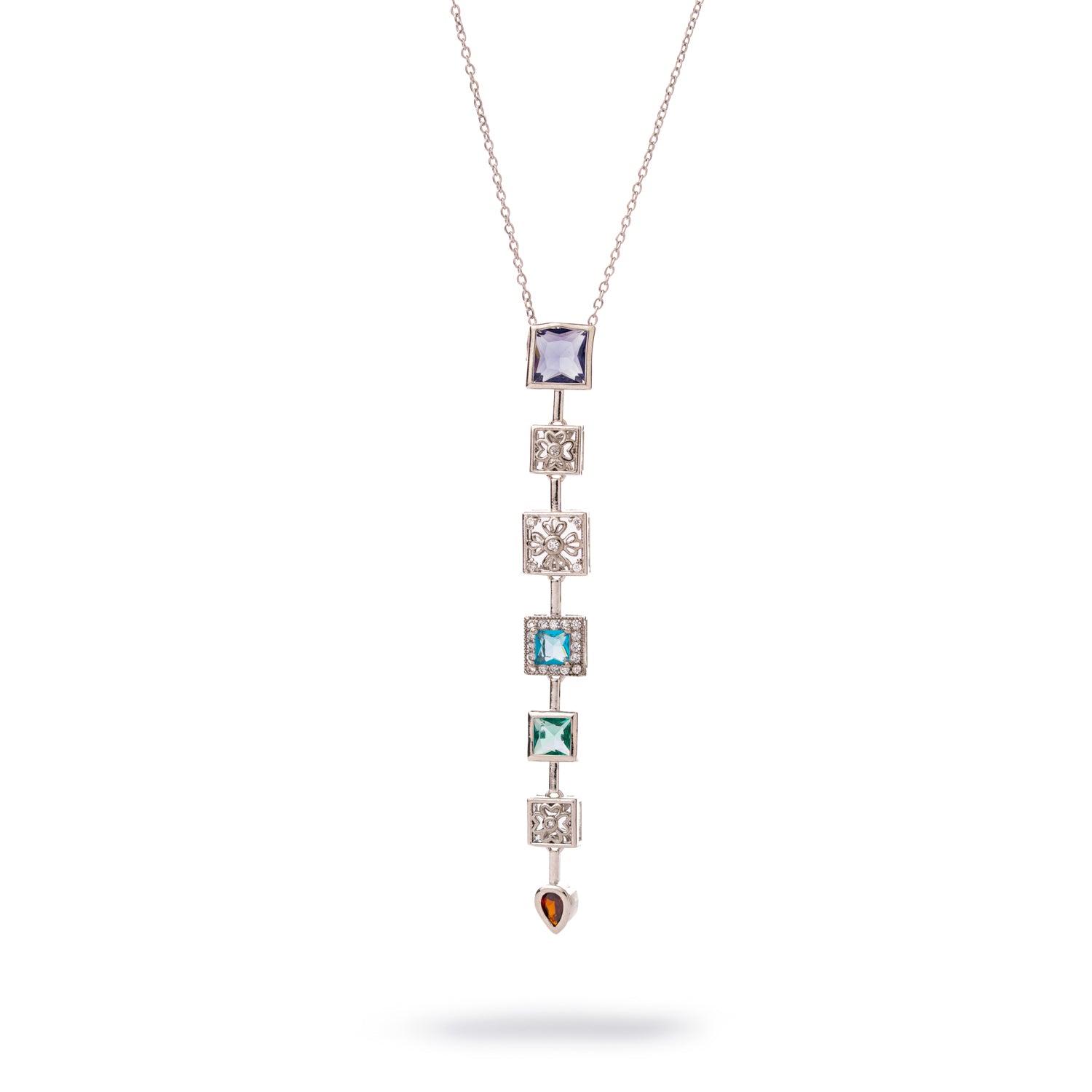 Aurora multicolor gemstone Y-drop statement necklace with vertical geometric links, CZ accents, and purple, blue, green, and silver stones on a stainless steel chain.

