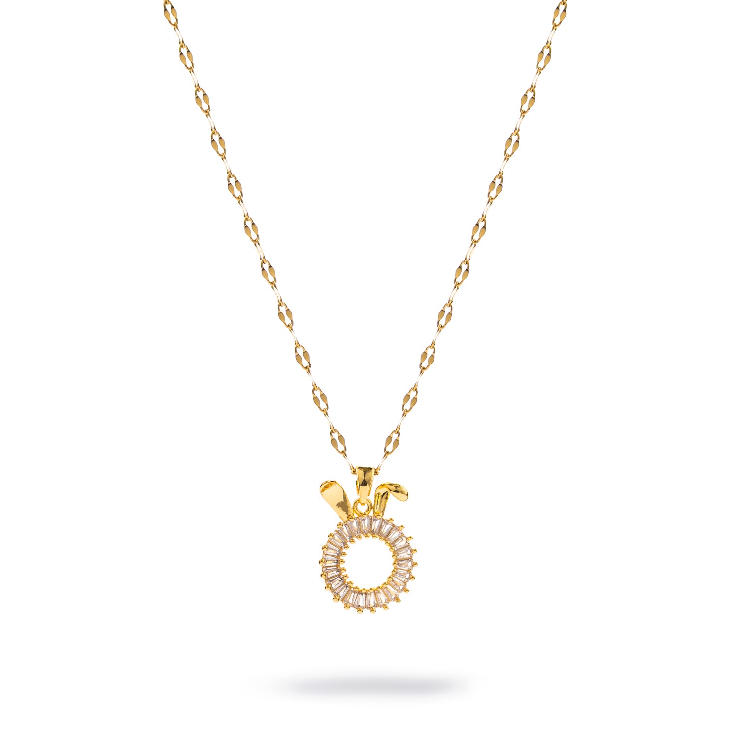 Gold bunny pendant necklace with baguette-cut CZ stones