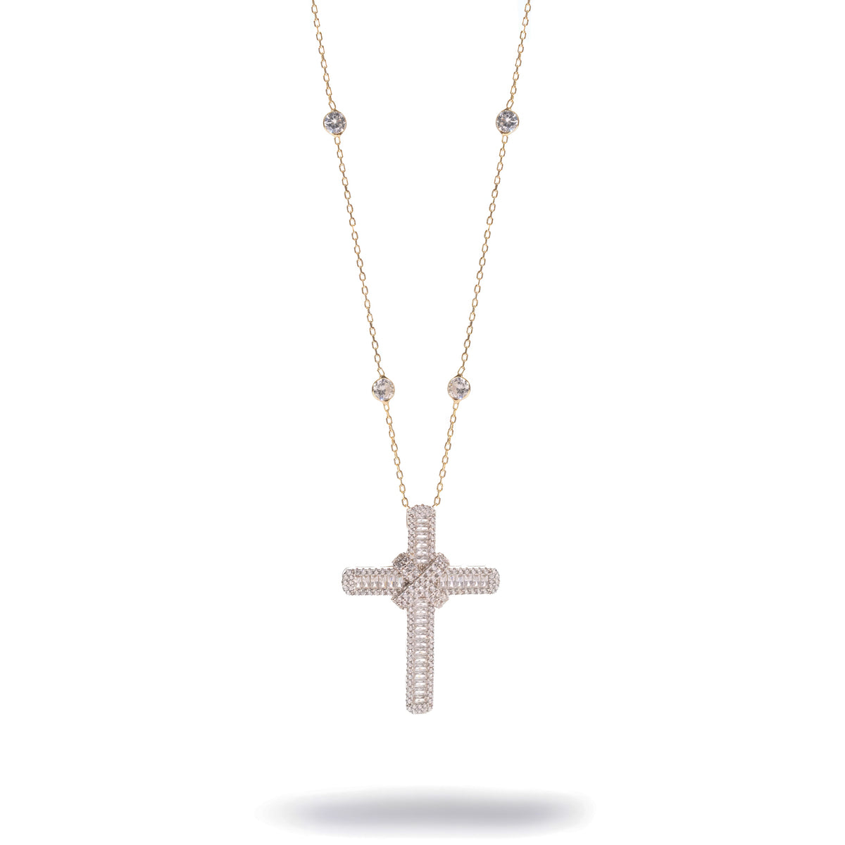 Gold vermeil long cross necklace with baguette cubic zirconia pendant on a bezel set station chain