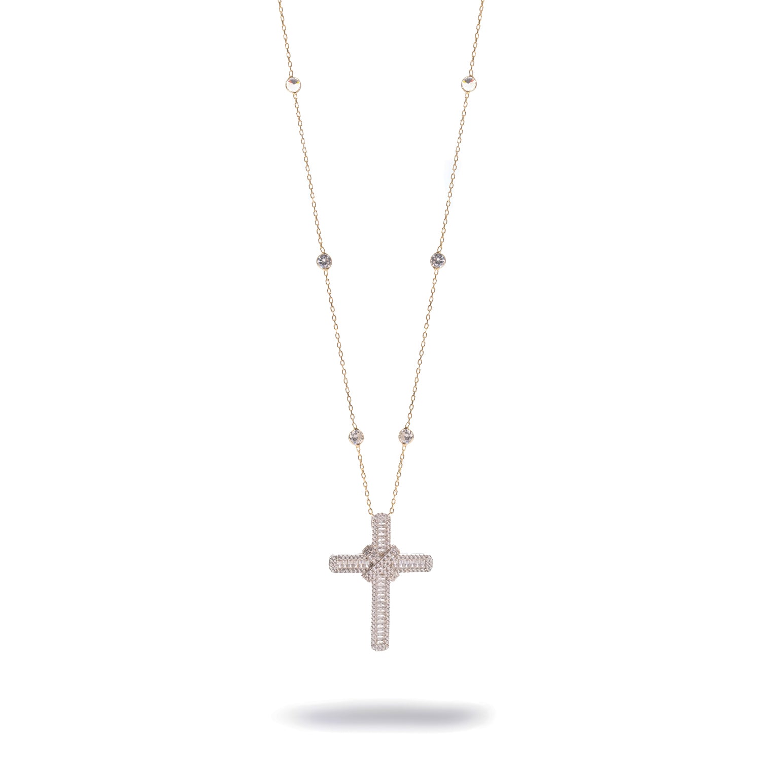 Full length view of the 43 inch gold station chain with baguette cubic zirconia cross pendant