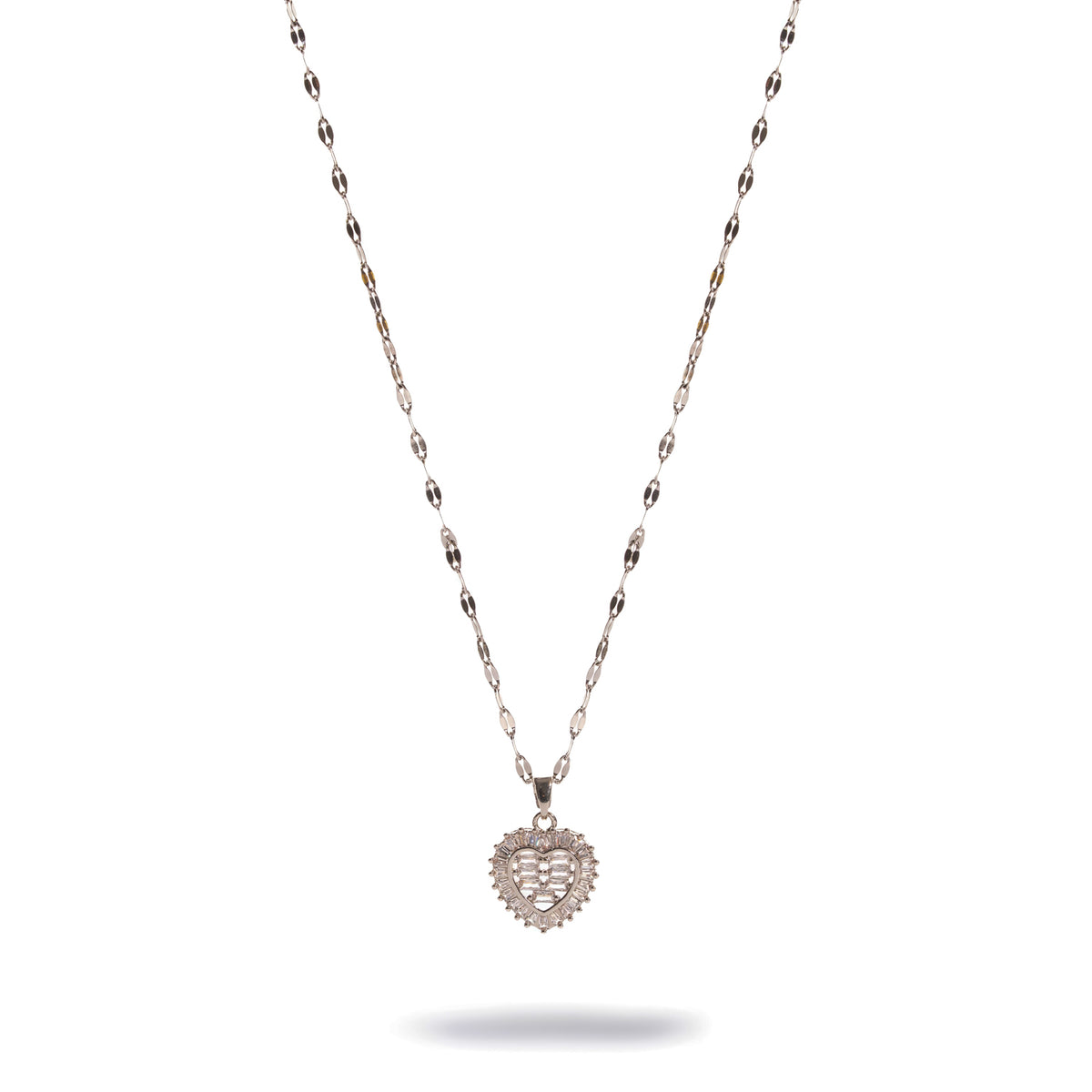 Silver heart pendant with baguette cut cubic zirconia hanging from a flat shimmer link chain
