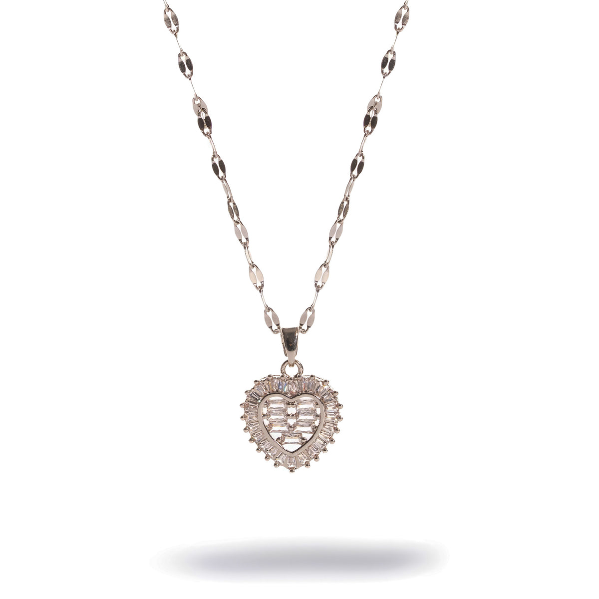 Baguette Diamond Halo Heart Silver Pendant Necklace on a polished stainless steel shimmer chain, front view