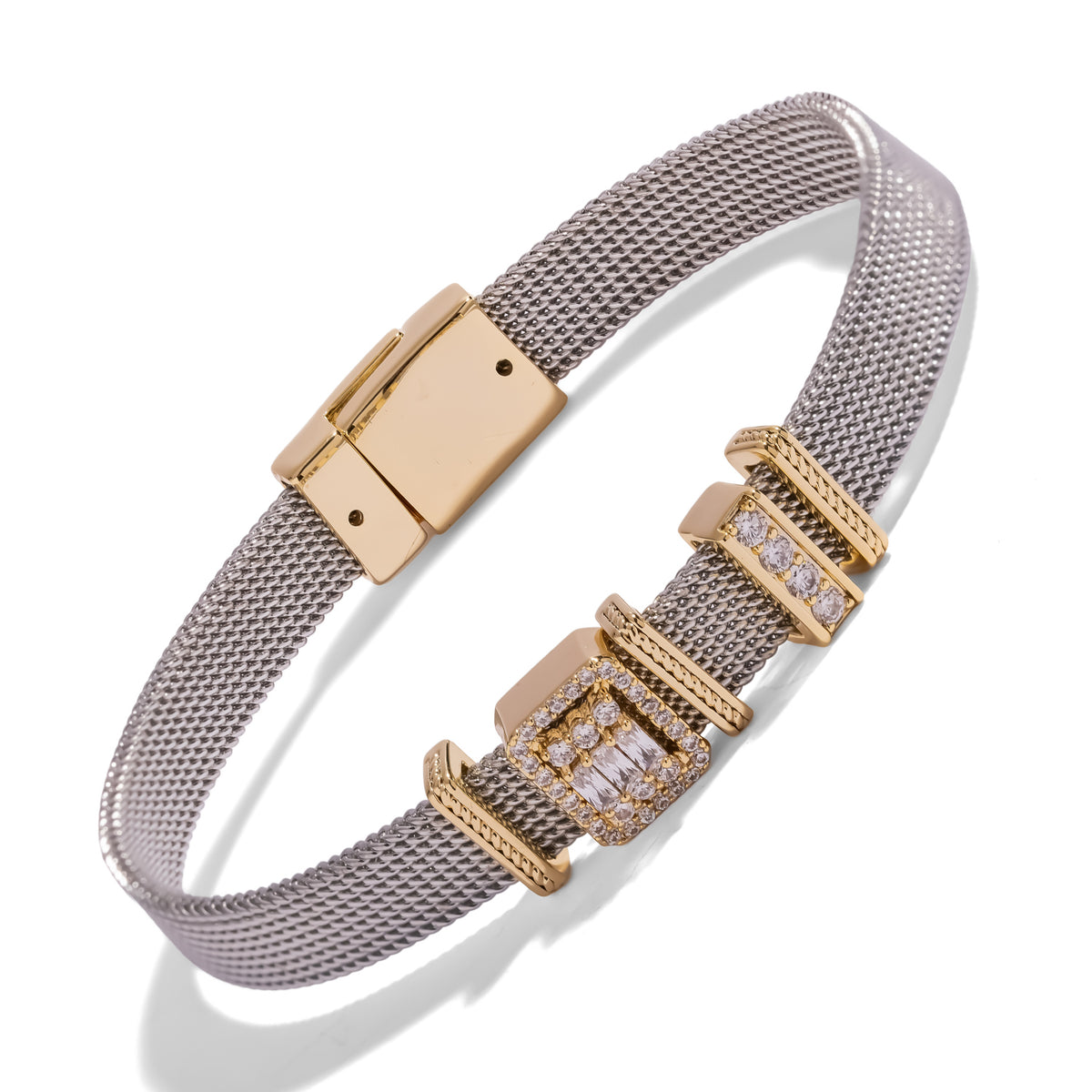 Side view of the Baguette Diamond Halo Silver Charm Bracelet with rope textured gold plated spacers