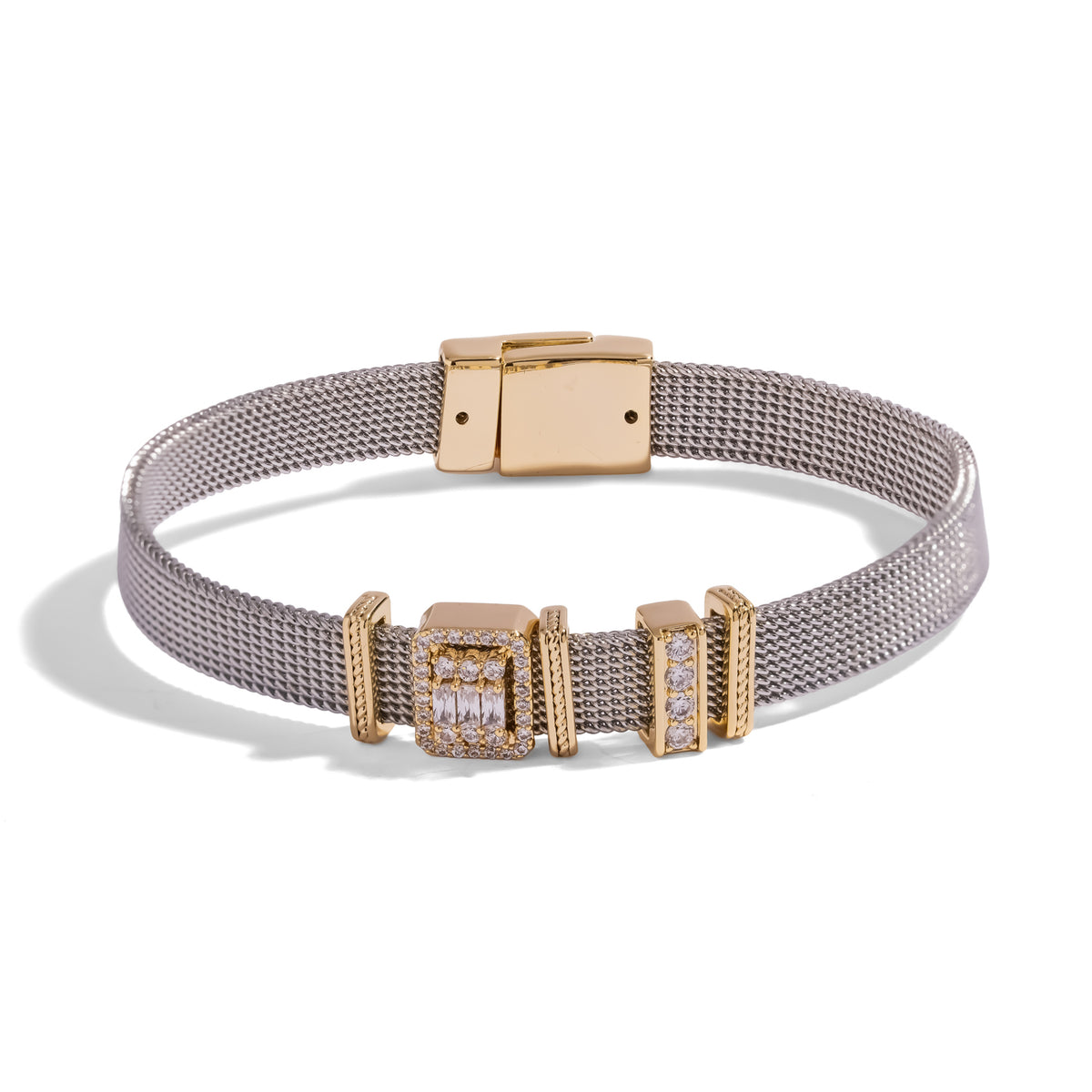 Baguette Diamond Halo Silver Charm Bracelet on white, a gold plated baguette halo charm, zircon bar and rope spacers on a silver mesh band