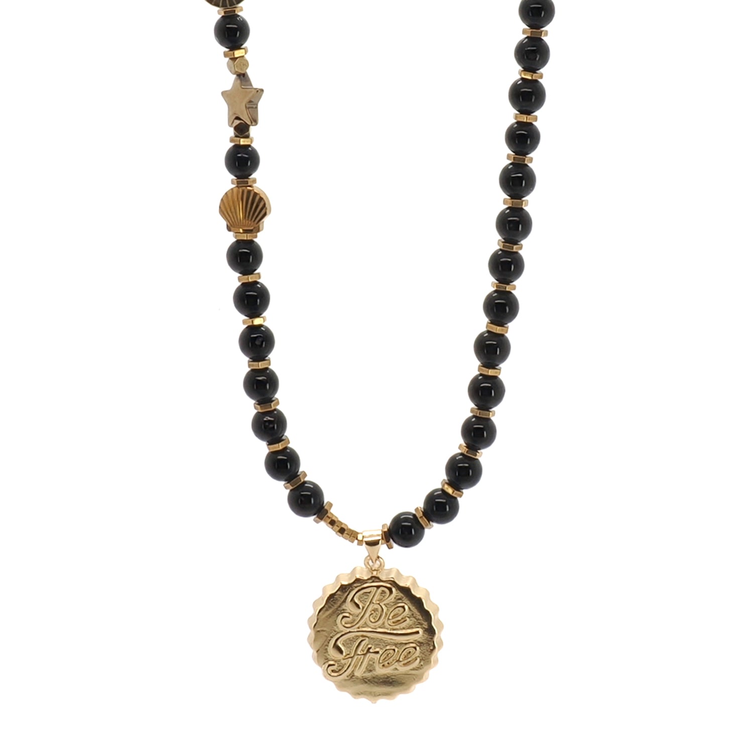 Be Free signature pendant in 18k gold on black onyx beaded long necklace by Ebru Jewelry