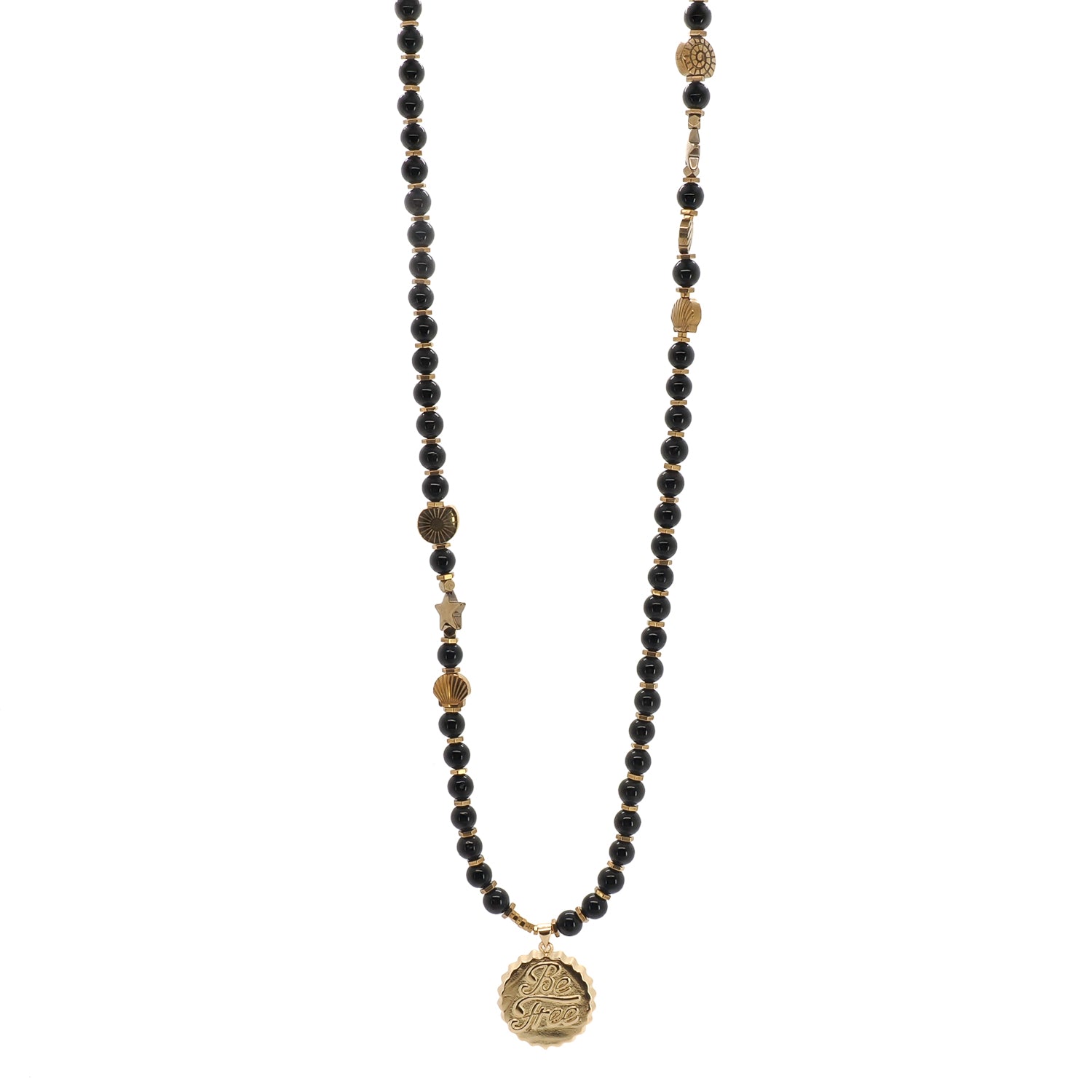 Long beaded necklace with 6mm black onyx and Be Free signature pendant in cursive gold script
