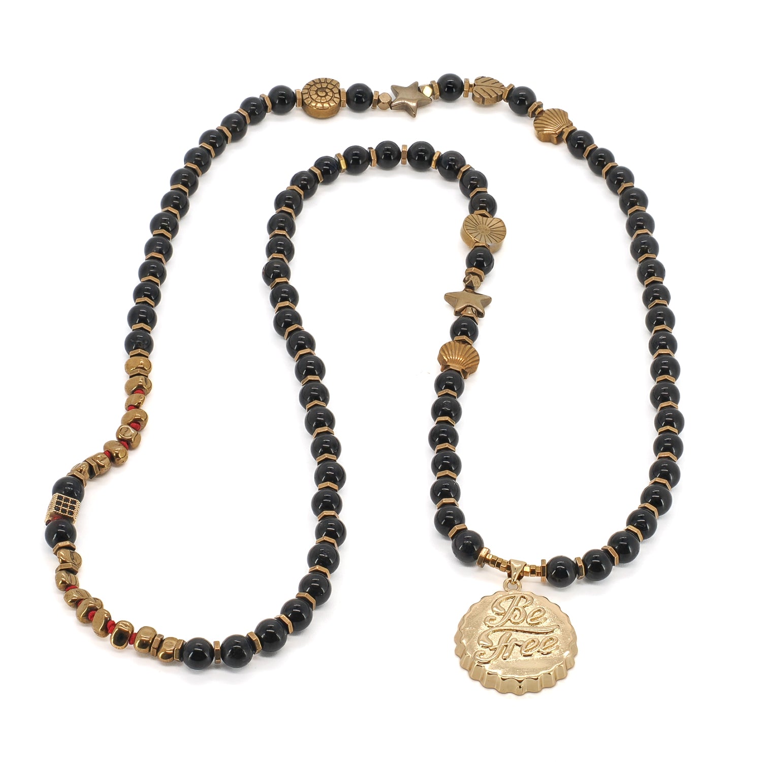 Black onyx beaded long necklace with gold Be Free pendant and hematite spacer beads
