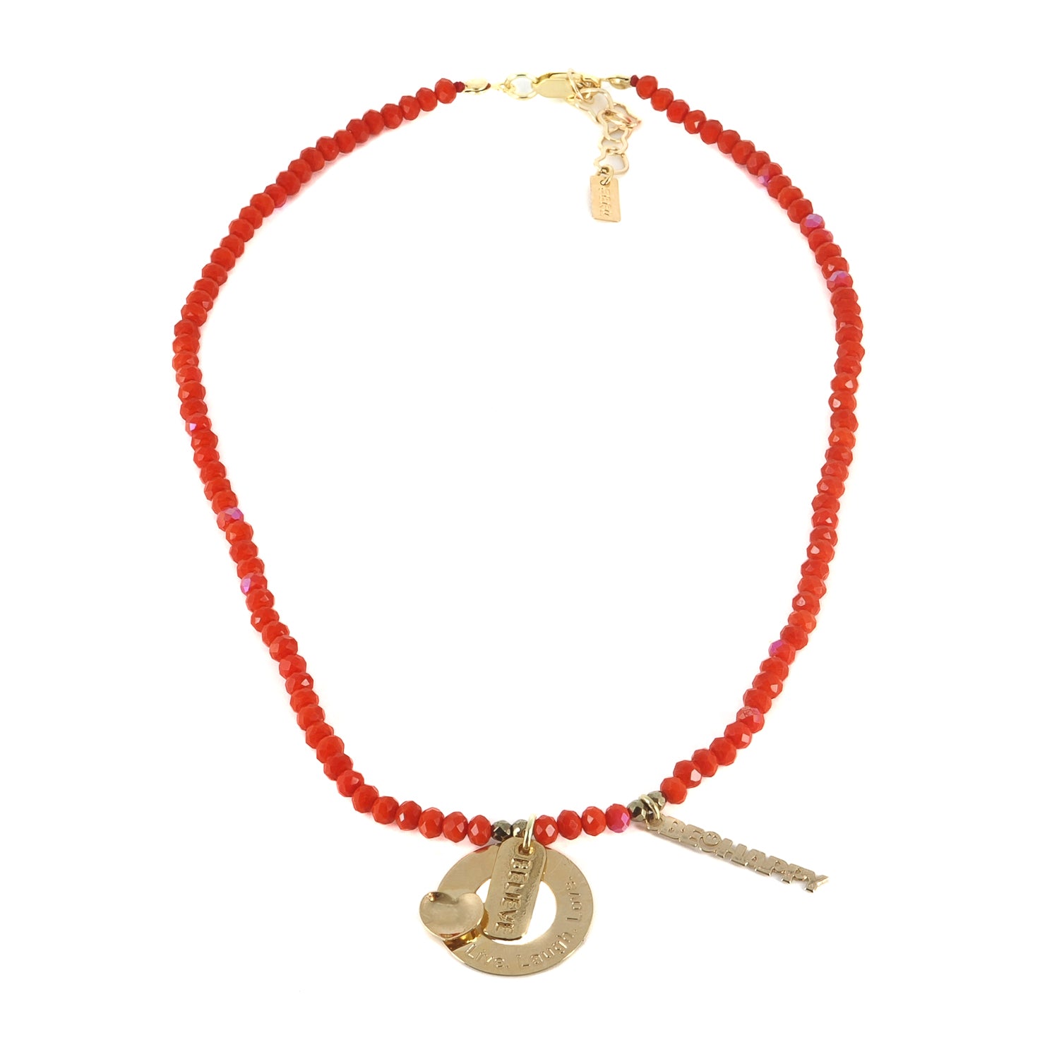 Inspirational beaded choker featuring orange-red crystals and heart-shaped extender.

