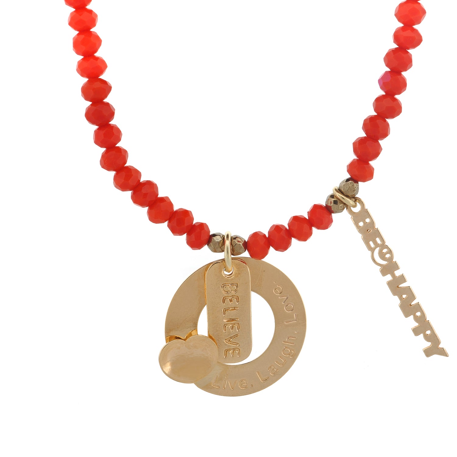 Believe & Be Happy Choker Necklace with red crystal beads and gold motivational charms.

