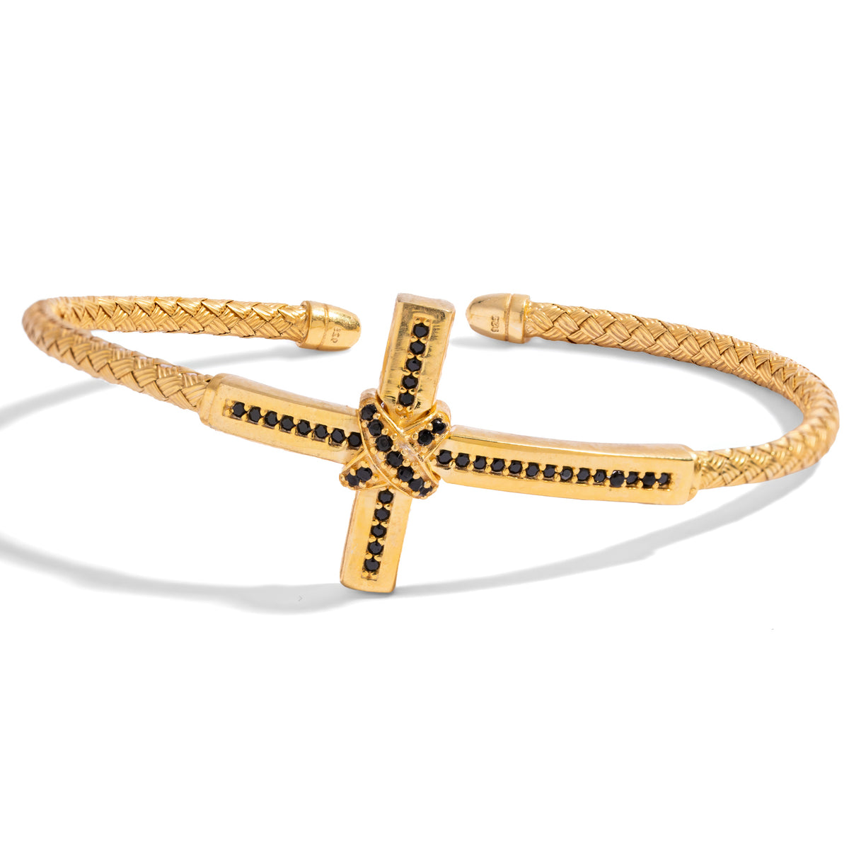Black Diamond Cross men's cuff bracelet in woven 24K gold plated sterling silver, the cross set with black zircon and tied with an X knot