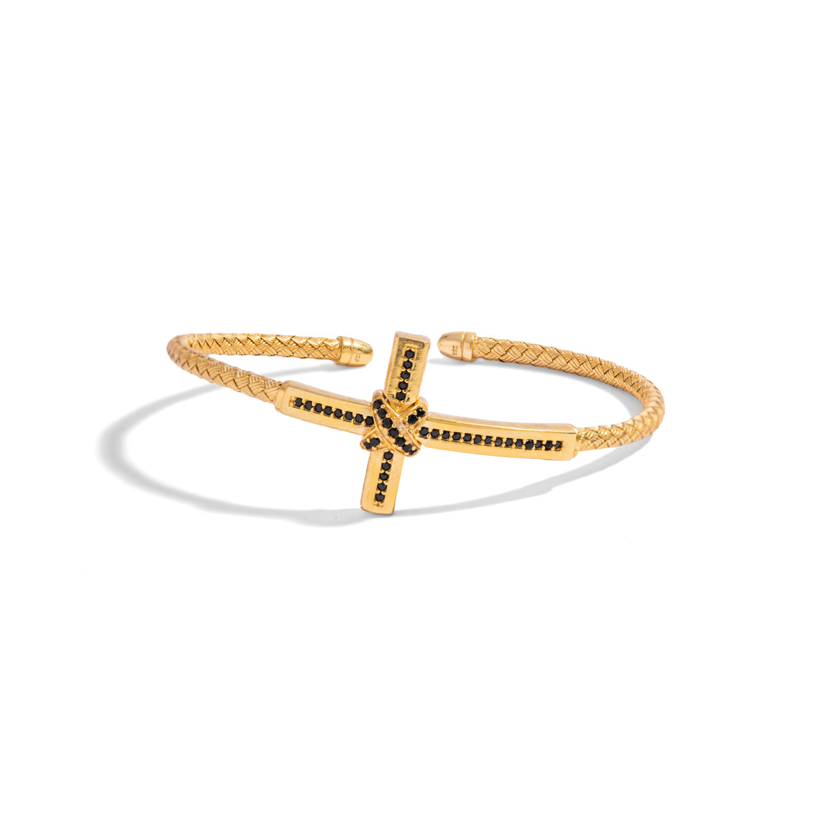 Front view of the woven gold men's cuff bracelet with a long black zircon cross