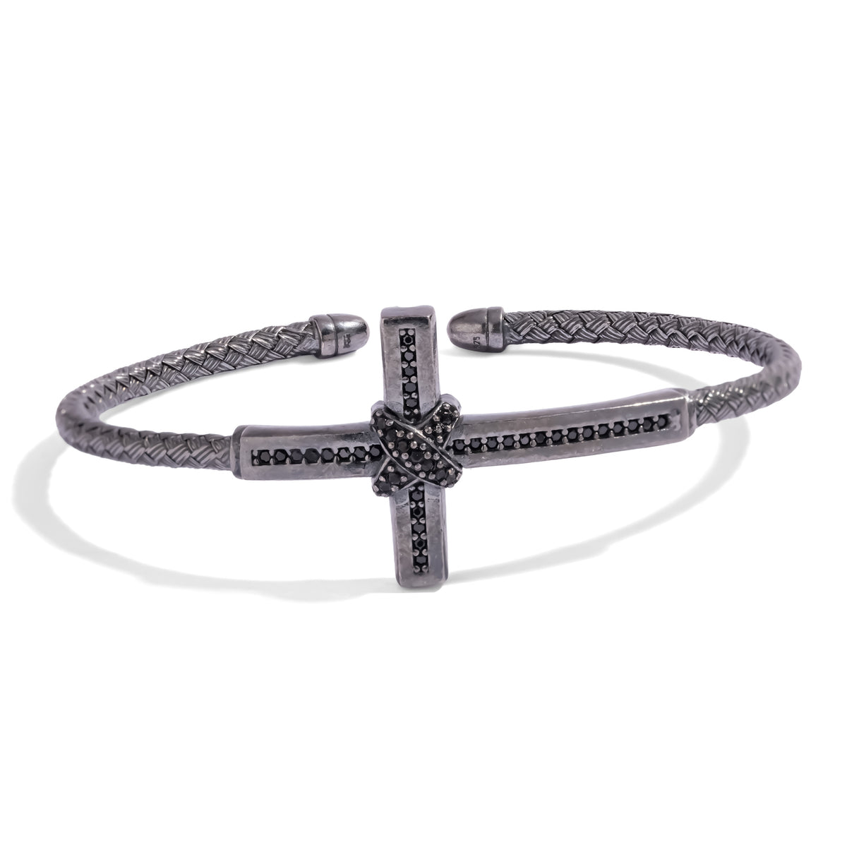 Black Diamond Cross Woven Oxidized Sterling Silver Men's Cuff Bracelet with a black zircon cross and pavé X knot