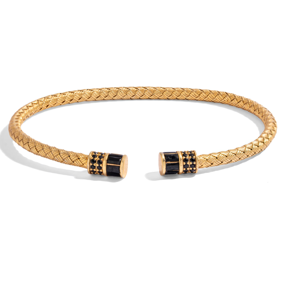 Black Diamond Woven Gold Vermeil Men's Cuff Bracelet with two barrel end caps in black and pave set black stones