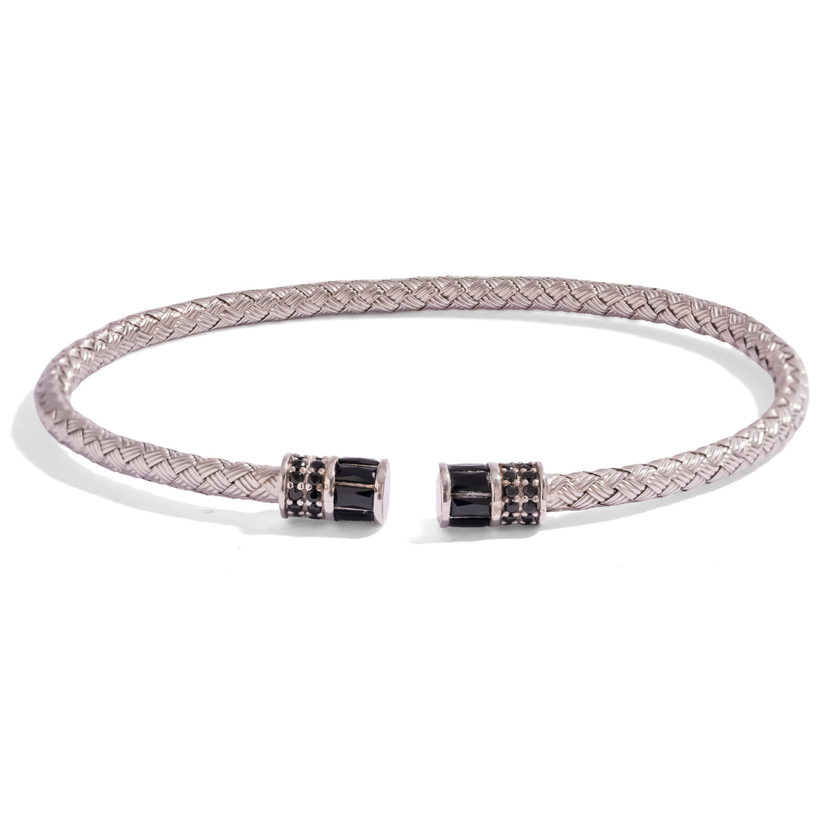 Black Diamond Woven Sterling Silver Men's Cuff Bracelet with black barrel end caps and pavé set black stones