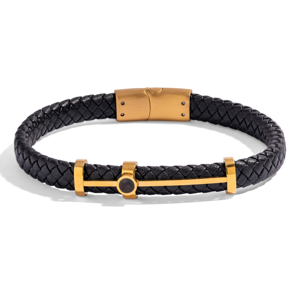 Black Braided Leather Gold Bar Men's Bracelet with a slim gold bar, three gold keepers and a gold tone clasp