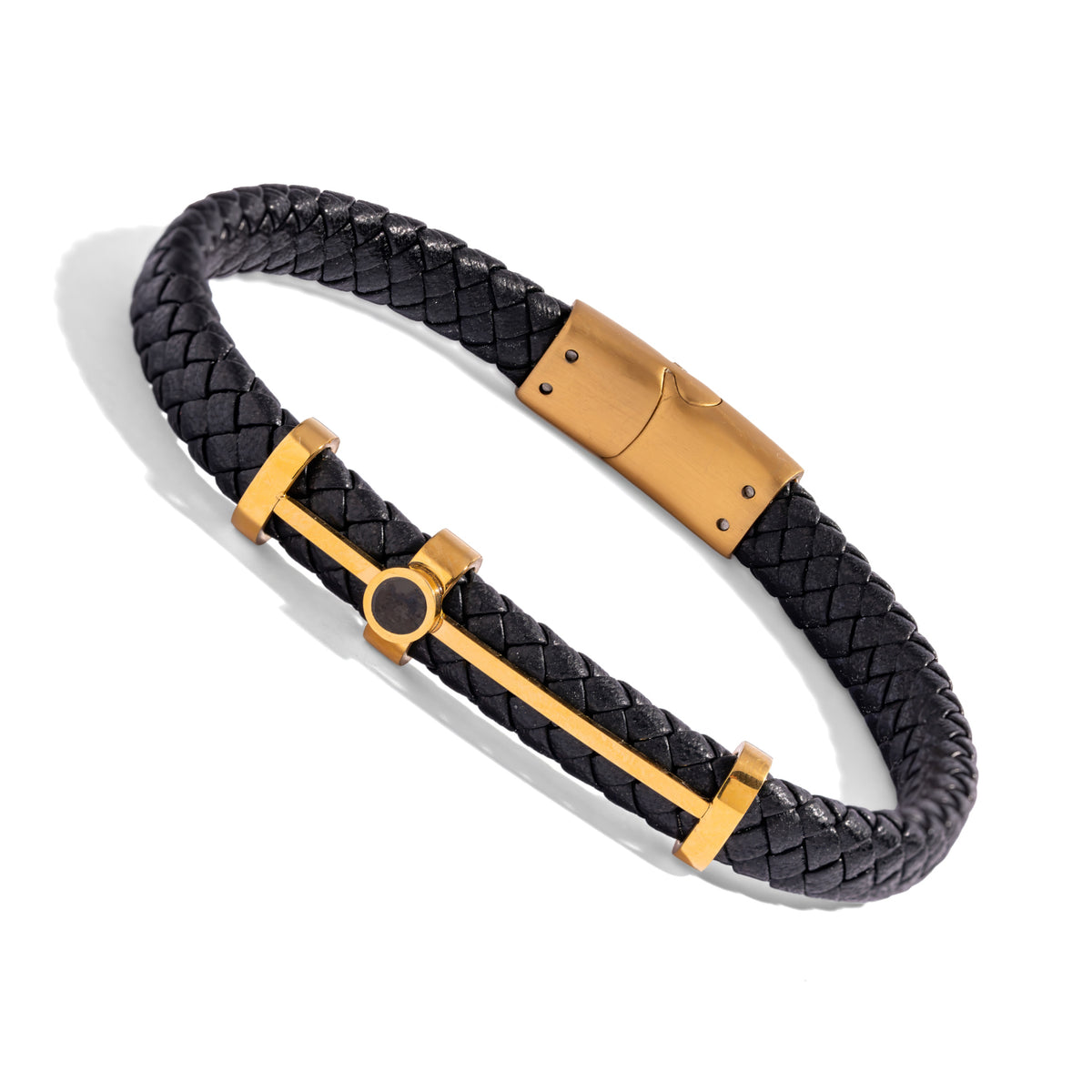 Angled view of the men's black braided leather bracelet showing the gold bar, round black center accent and gold clasp