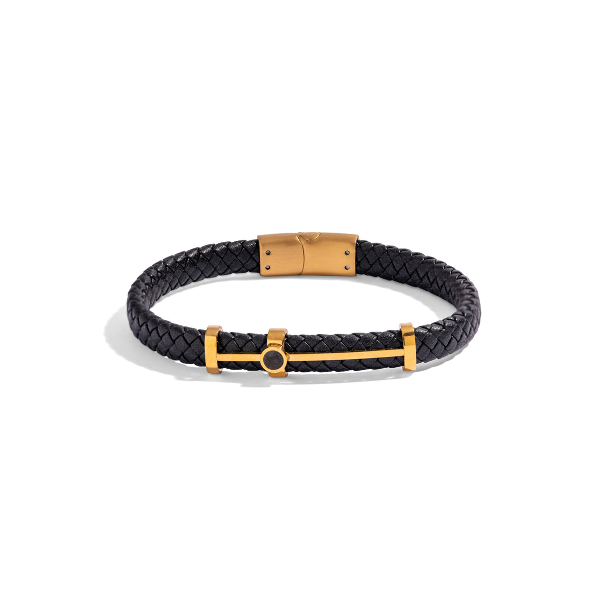 Front view of the black braided leather gold bar men's bracelet