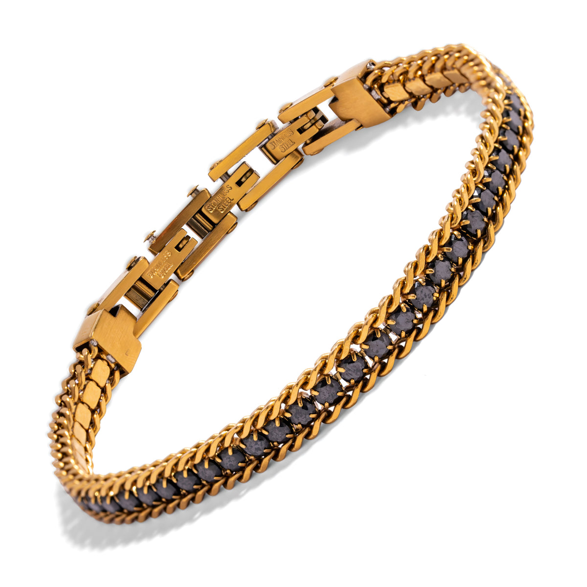 Side view of the black diamond gold foxtail steel bracelet on a white background