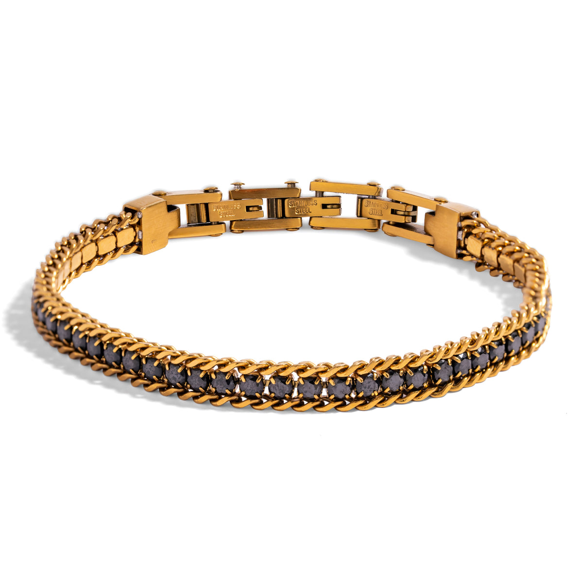 Black Diamond Foxtail Gold Steel Men's Bracelet with a row of black zircon stones framed by gold foxtail chain