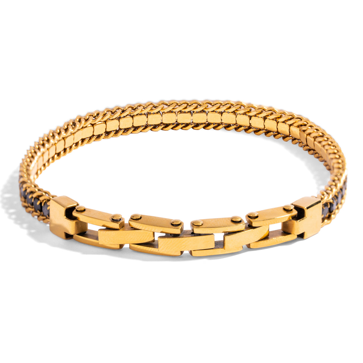 Back view of the gold steel foxtail bracelet showing the hinged fold over clasp and extension link
