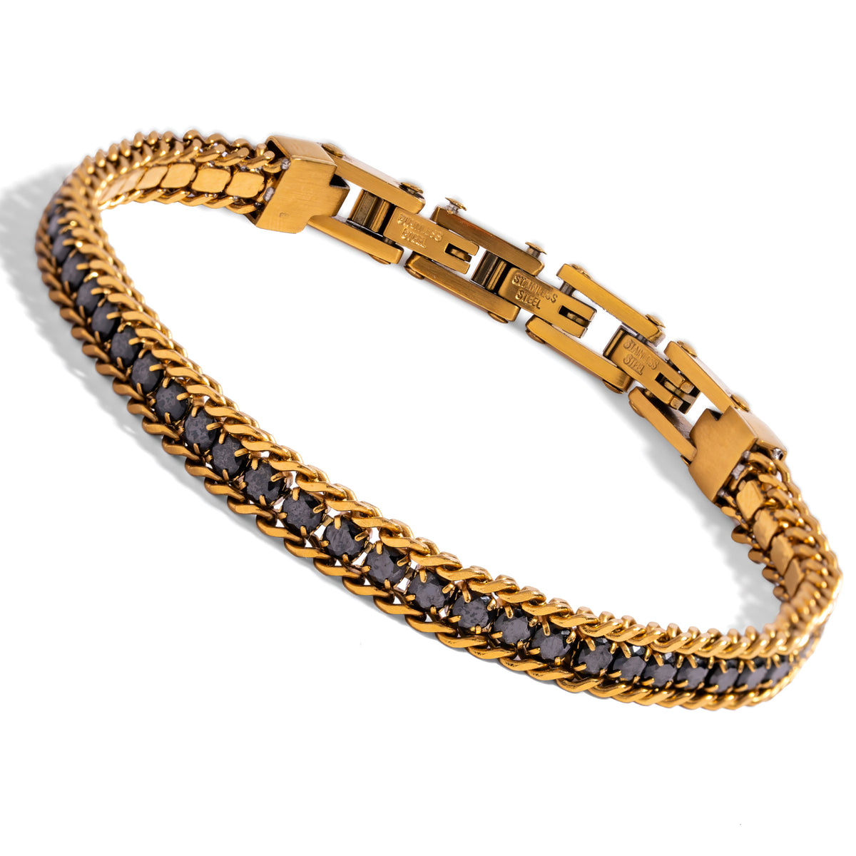Angled view of the 24K gold plated stainless steel bracelet with black zircon set along the front