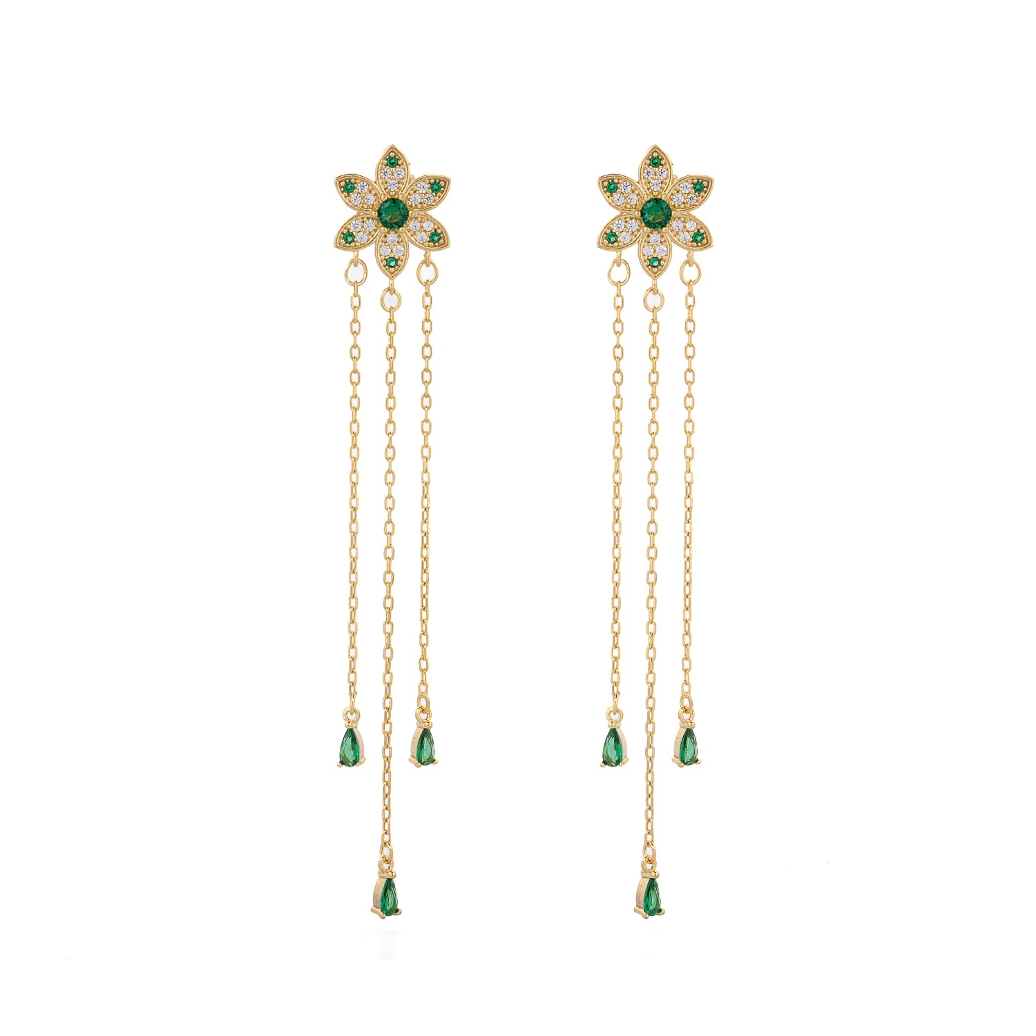 Pair of 18k gold vermeil drop earrings with green emerald stones in a floral motif, accented by delicate gold chains and emerald drops.
